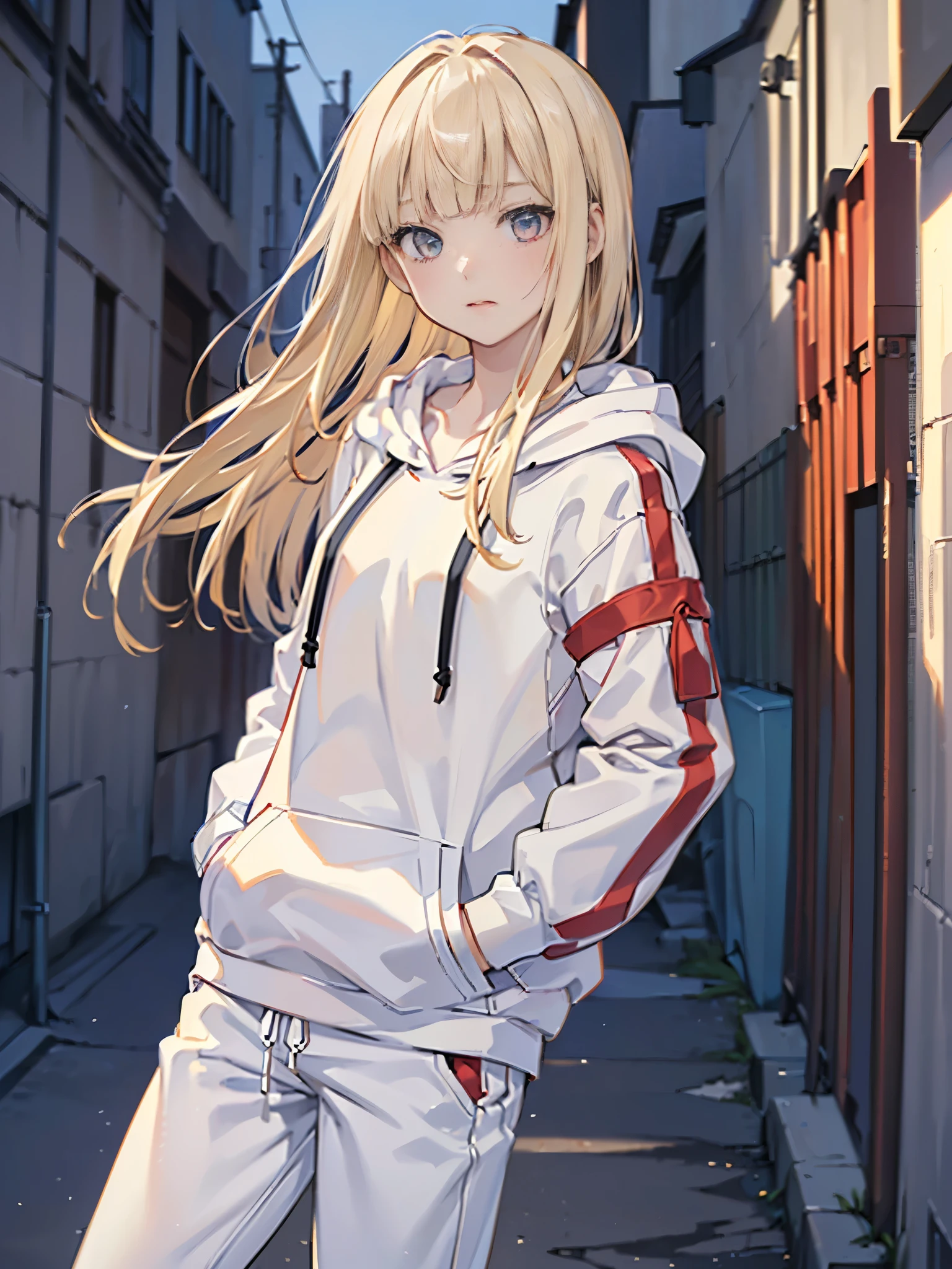 RAW Photos, 8k, (Highest quality), Realistic, (live-action, Intricate details), (Natural skin texture, Detailed skin, Hyperrealism, Sharpness), (Japanese girl in a dirty back alley at night, Put your hands in your pockets, graffitied wall:1.3), ((White hoodie, No sleeve, White jersey pants)), (Flat Chest:1.3, Pale skin:1.2, Slender body), ((Blonde Straight Hair, Blunt bangs)), (Fascinating face, Provocative look, Lips parted:1.3, Sagging under the eyes:1.2, Red thick lips), graffiti:1.5, at night, Upper Body Shot、In a completely different expression。