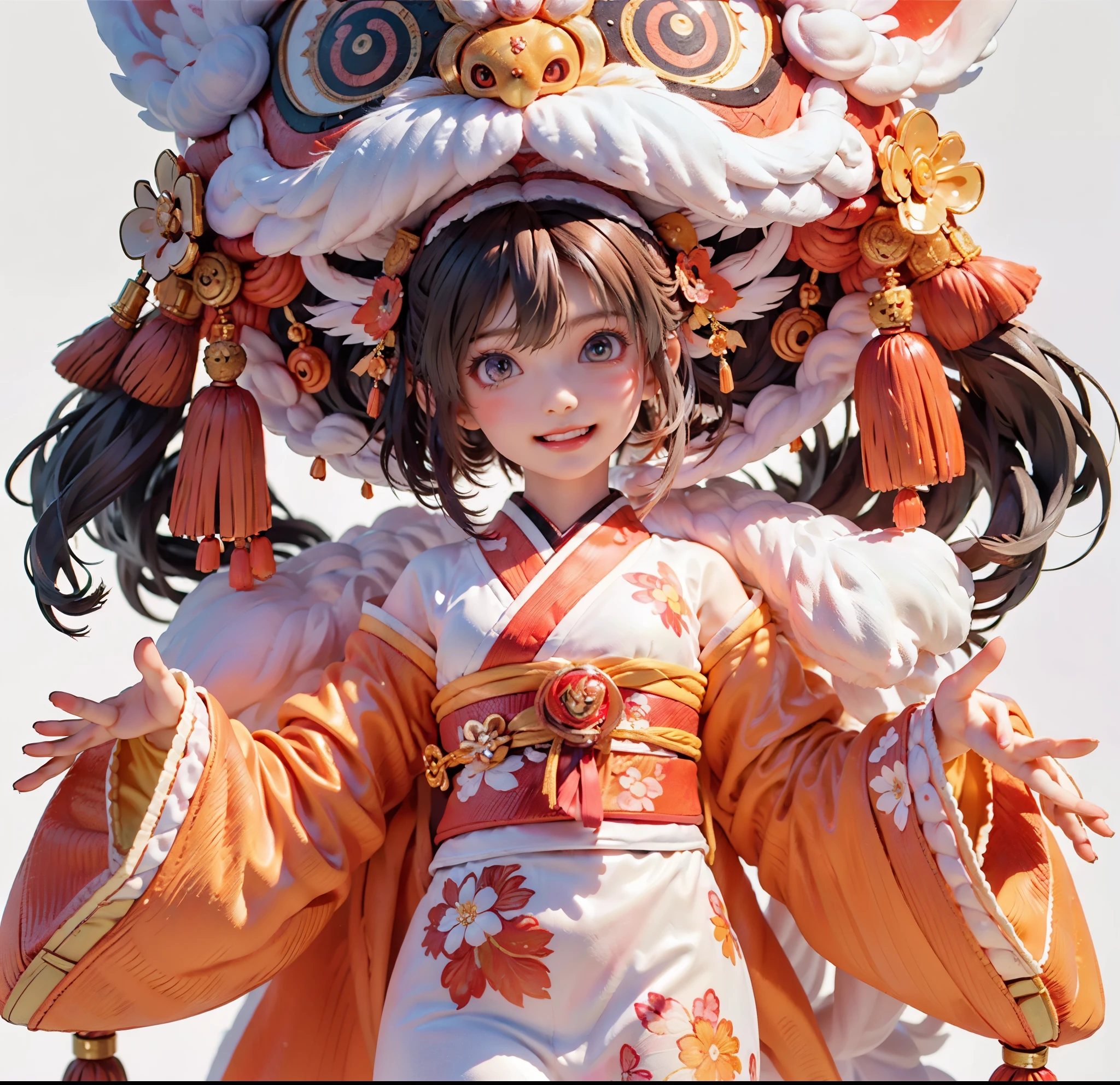 Mature, elegant, playful, high quality, (masterpiece,quality,Best quality,official art,Beauty and aesthetics:1.2),The content is very detailed,alone,CNY,(fractal art:1.1),(a color:1.1)(blooming flowers:1.3),most detailed,( tangled:1.2), (dynamic poses), (abstract background:1.3), (Japanese fabric:1.2), kimono,(skin glowing), (Many colors:1.4), Decorative painting:1.6,),brown hair,hair accessories, light,Ink painting and ink painting,ink,Double tail,Japanese clothes,red background,Big red lanterns hung high,Jade Ruyi,