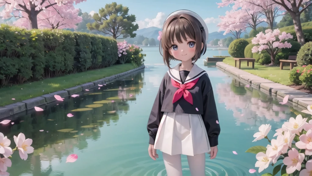 (masterpiece),  Outdoor,  cherry blossoms,  petal,  sunlight,  lake,  One Girl,  blush,  smile,  Medium Hair,  Sailor suit,Long skirt, Overgrown, petal, plant、Skirt lining、White slip、nostalgic、pantyhose（gray）、You can see the sea in the distance, Crotch close-up