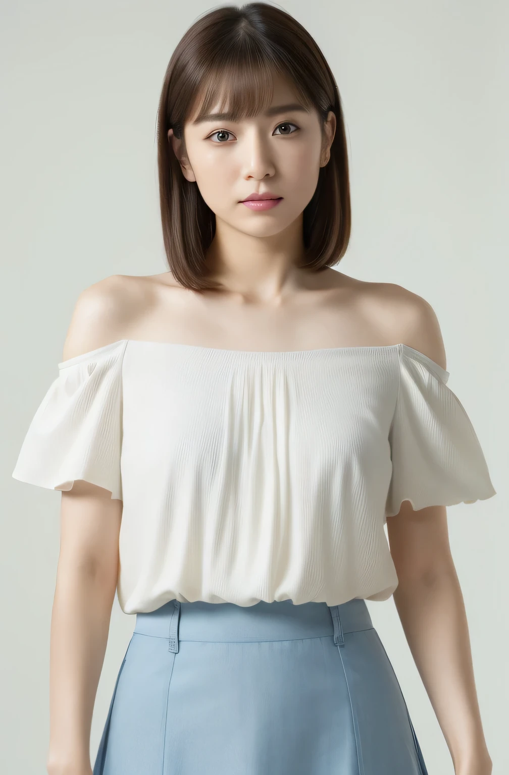 Masterpiece、Highest quality、masterpiece、High resolution、Photorealistic、Raw photo、8k wallpaper、perfection、Professional Lighting、Very detailed、Depth of written boundary、Light solid color background、((1 beautiful woman))、((Sexy 25 year old women、Detailed face、Beautiful Eyes、bangs、shapely small breasts、Light brown, medium length straight hair、Faint lips、((Stand facing forward、Staring at the viewer with a serious expression。))、White off-the-shoulder camisole、Light blue skirt、Feet outside the frame