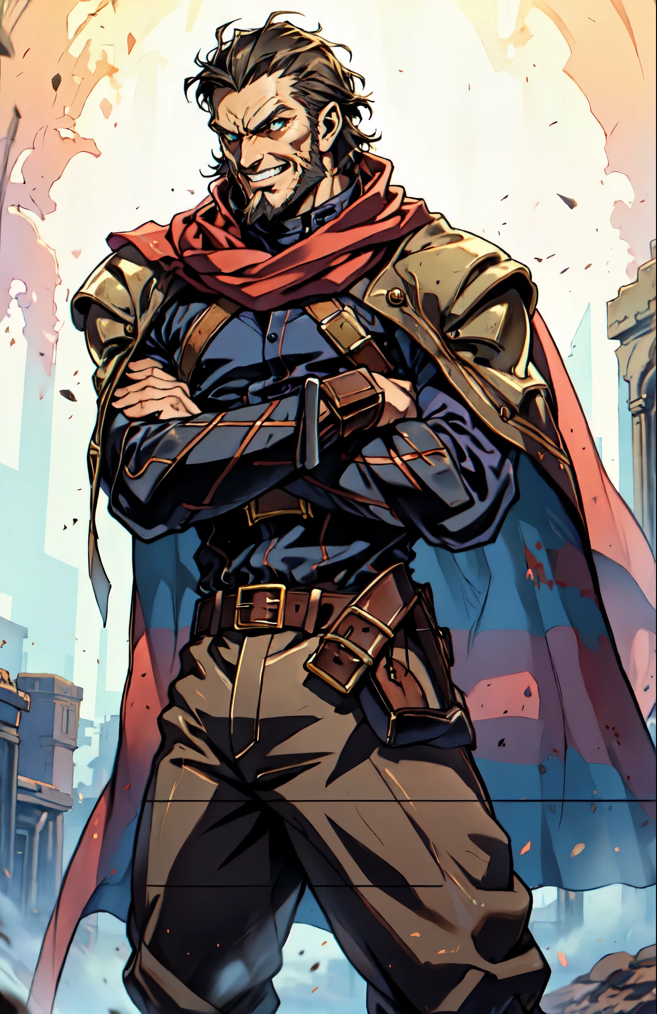 (masterpiece:1.2, best quality:1.2, extremely delicate:1.2), ((male:1.5)), a middle-aged man with short black and gold hair, rugged eyebrows, a full beard, downturned triangular eyes, an arrogant expression, mouth open laughing, a tall and robust build, a fantasy western-style cape and leather coat, his arms crossed over his chest, a leather utility belt, loose canvas trousers, standing majestically on a barren hillside, this character embodies a finely crafted fantasy western-style overlord in anime style, exquisite and mature manga art style, dramatic, high definition, highres, ultra-detailed, ultra-fine painting, professional, perfect body proportions, golden ratio, anatomically correct, symmetrical face, extremely detailed eyes and face, high quality eyes, creativity, RAW photo, UHD, 32k, Natural light, cinematic lighting, (masterpiece-anatomy-perfect:1.2)