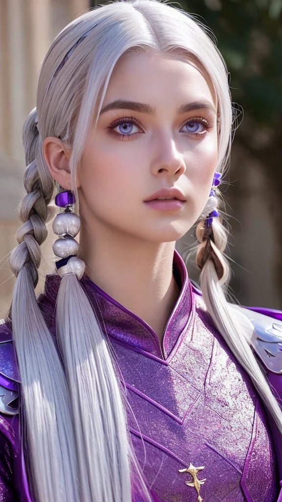 silver-haired, violet eyes, tall and athletic. His appearance is a mix of Velaryon nobility and Targaryen majesty. Male and pigtails 
