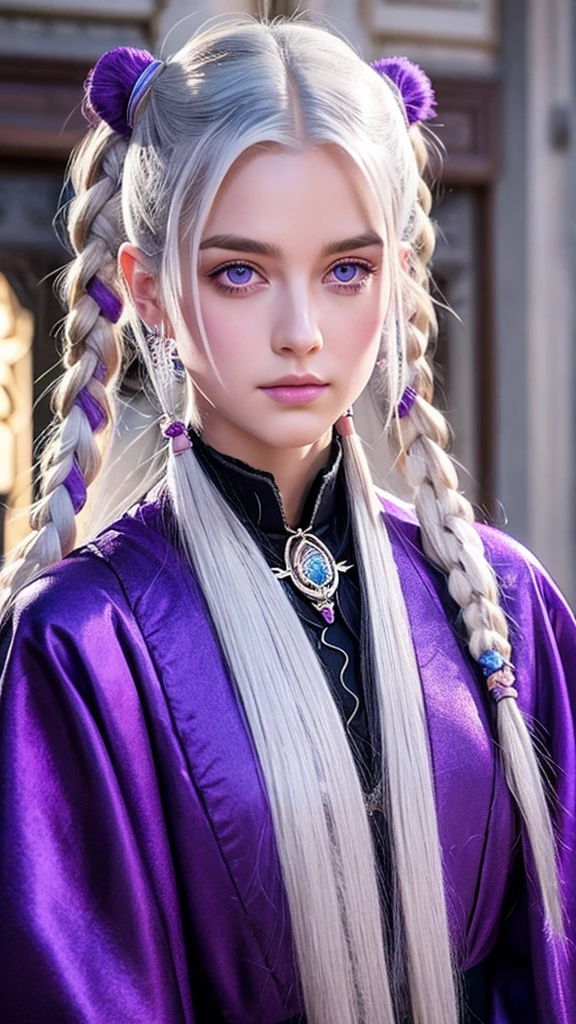 silver-haired, violet eyes, tall and athletic. His appearance is a mix of Velaryon nobility and Targaryen majesty. Male and pigtails 
