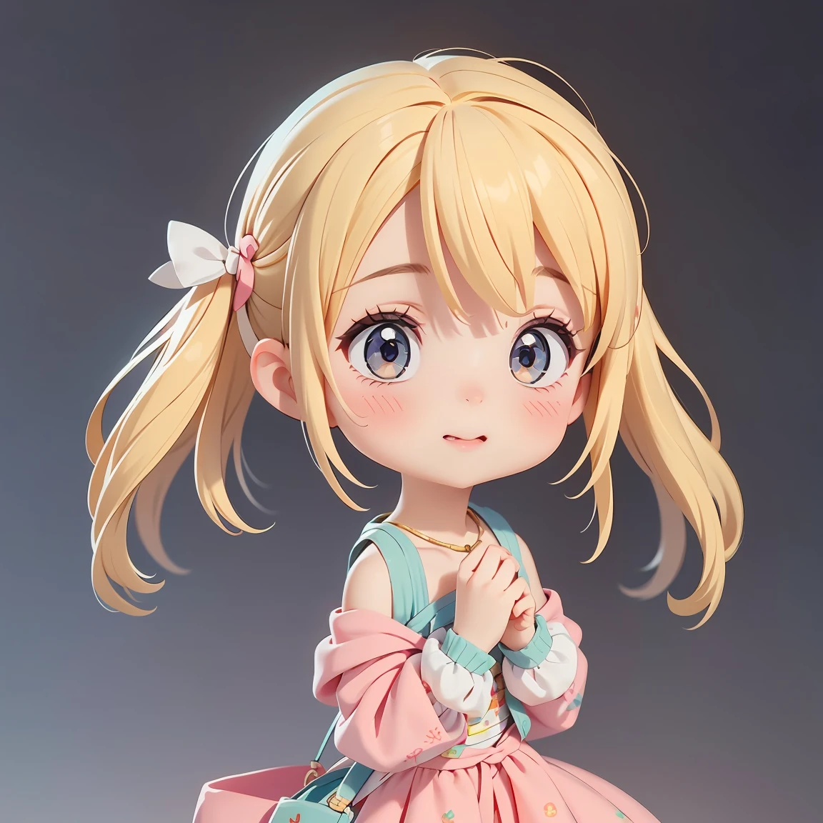 Super Chibi Character:1.8、wearing cute sandals、All-over simple and light color background:1.8、Blonde Hair、Cute 7 year old girl、Random cute outfits、Short legs、Sandals with ribbon、Looks like fun:1.8、A fun pose:1.8