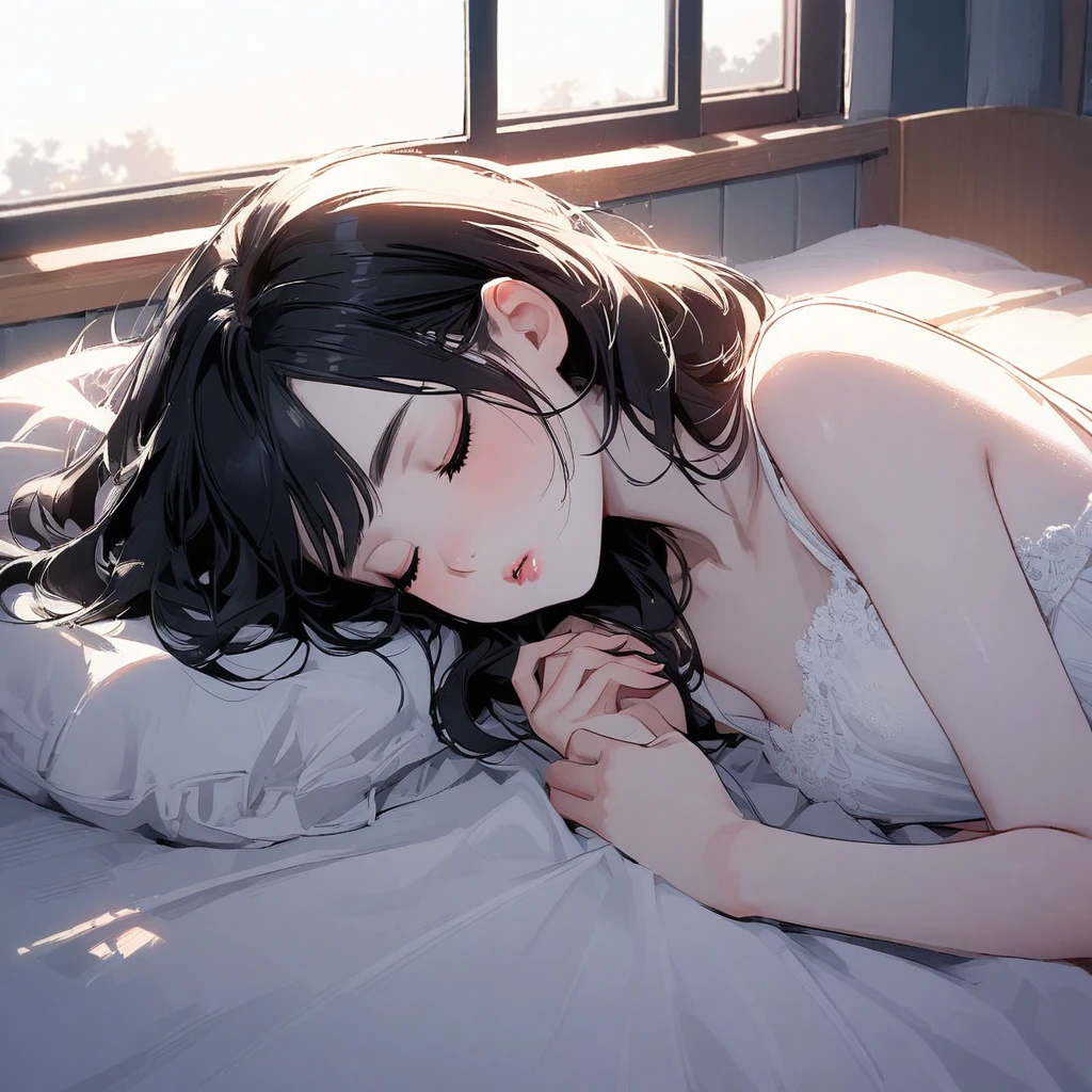 Girl, beautiful, sleeping, warm light, morning, window, black hair, pale skin, delicate, feminine, asleep, pouty lips, lipgloss, cute, white bed, slim, flat, pure