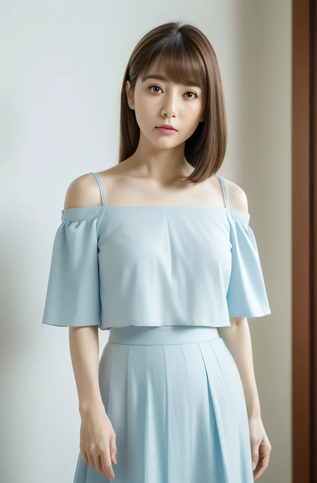 Masterpiece、Highest quality、masterpiece、High resolution、Photorealistic、Raw photo、8k wallpaper、perfection、Professional Lighting、Very detailed、Depth of written boundary、Light solid color background、((1 beautiful woman))、((Sexy 25 year old women、Detailed oval face、Beautiful Eyes、bangs、shapely small breasts、Light brown, medium length straight hair、Faint lips、((Stand facing forward、Staring at the viewer with a serious expression。))、White off-the-shoulder camisole、Light blue skirt、Feet outside the frame