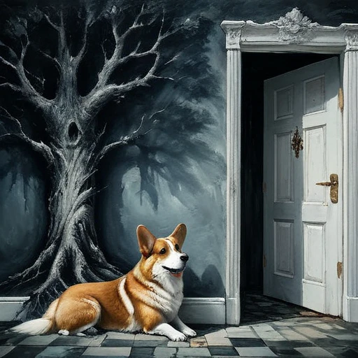 (best quality, super fine, 16k, incredibly absurdres, extremely detailed, 2.5D, delicate and dynamic, three-dimensional effect expressed by light and shade, highres, 8k, masterpiece, immersive atmosphere, film grain)
(a undetailed white door, white door, undetailed door, no details in the center) (Colorful frame around the door, paintings in the wall around, details around, detailed wall, detailed environment, fine detail, optial illusion, complex, hand draw, 3D painting, reality, fantasy art, enhance, intricate, sharp, best quality, masterpiece, Representative work, official art, Professional, 8k, based on the following poem: In the trees I knead the roots and only see my parents—but barely see trees here. In the buildings, I only see the windows and am already in love with what they hide—and I only see Her. In the cars, I only see the shadow and these ghosts haunt me. On the sidewalks, I do not see the viable paths you saw when we were together. And yes, in my house, I no longer see you, I do not dream much. In my hand, I do not see yours and I am already unique. In these fingerprints, I only see the typing touching the world. That I only see another randomly the same first moment—and second, and second, and minute, and I pray, and hour, and delay, night falls, day, and without a sister in the family, I am, week, at my mercy, nothing is mine, month, without a master, semester, without a plan, year, year and a half, without a middle, only an instant... and quickly I descend to the decade. In decadence, I soon reach the decade, and so soon I am already twenty years old...)cute corgis  shadow Ghost
Ghost  big shadow ghosts  ghost