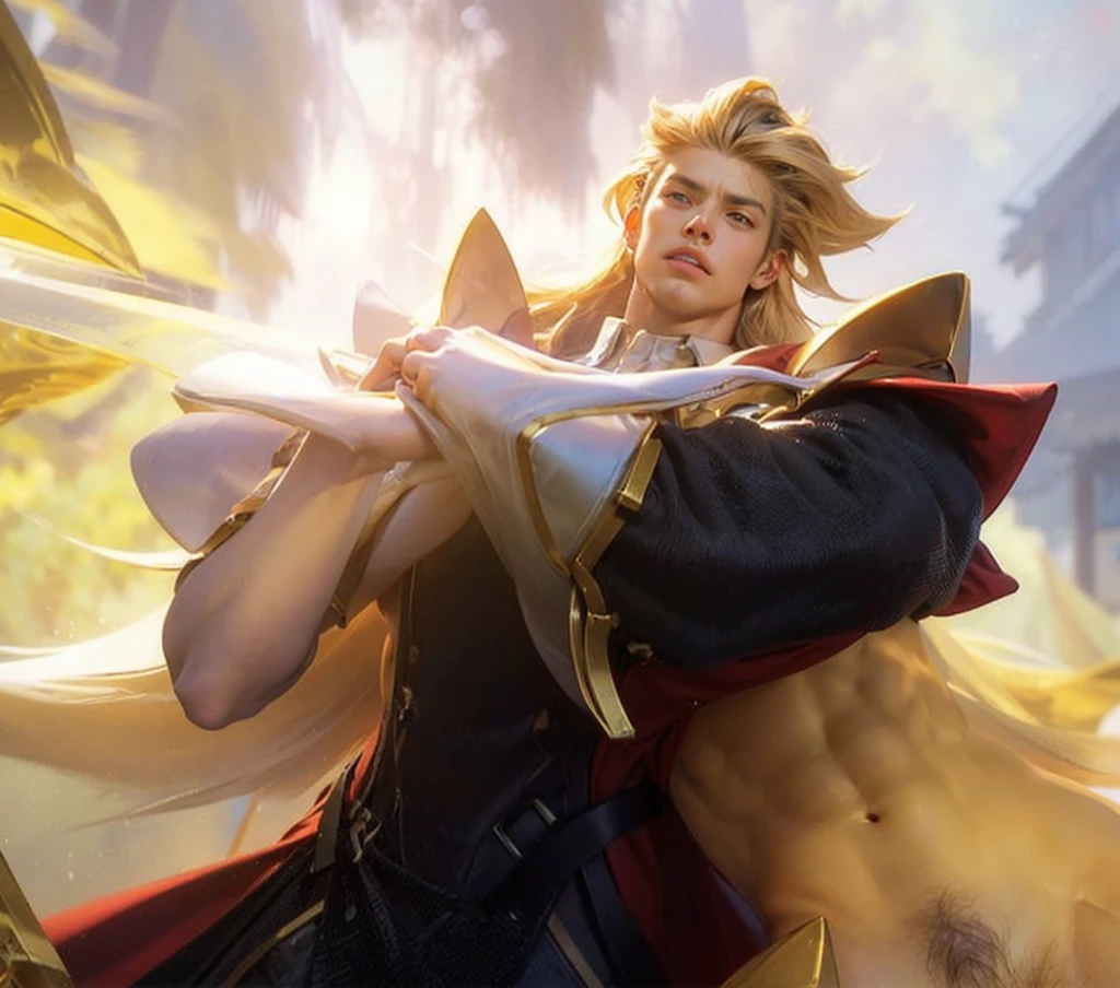 (max resolution: 1.2), (Ultra HDTV: 1.2), 8K resolution, Eye and skin details, detailed facial features, , (Sharp focus: 1, 2), ( Accurate focus) facial expressions: 1,2), Standing boy , (Brown hair), (Shirtless), Shirtless, Perfect muscles, 8 pack, (Black briefs), Blue sky, Tree mortar, Transplant