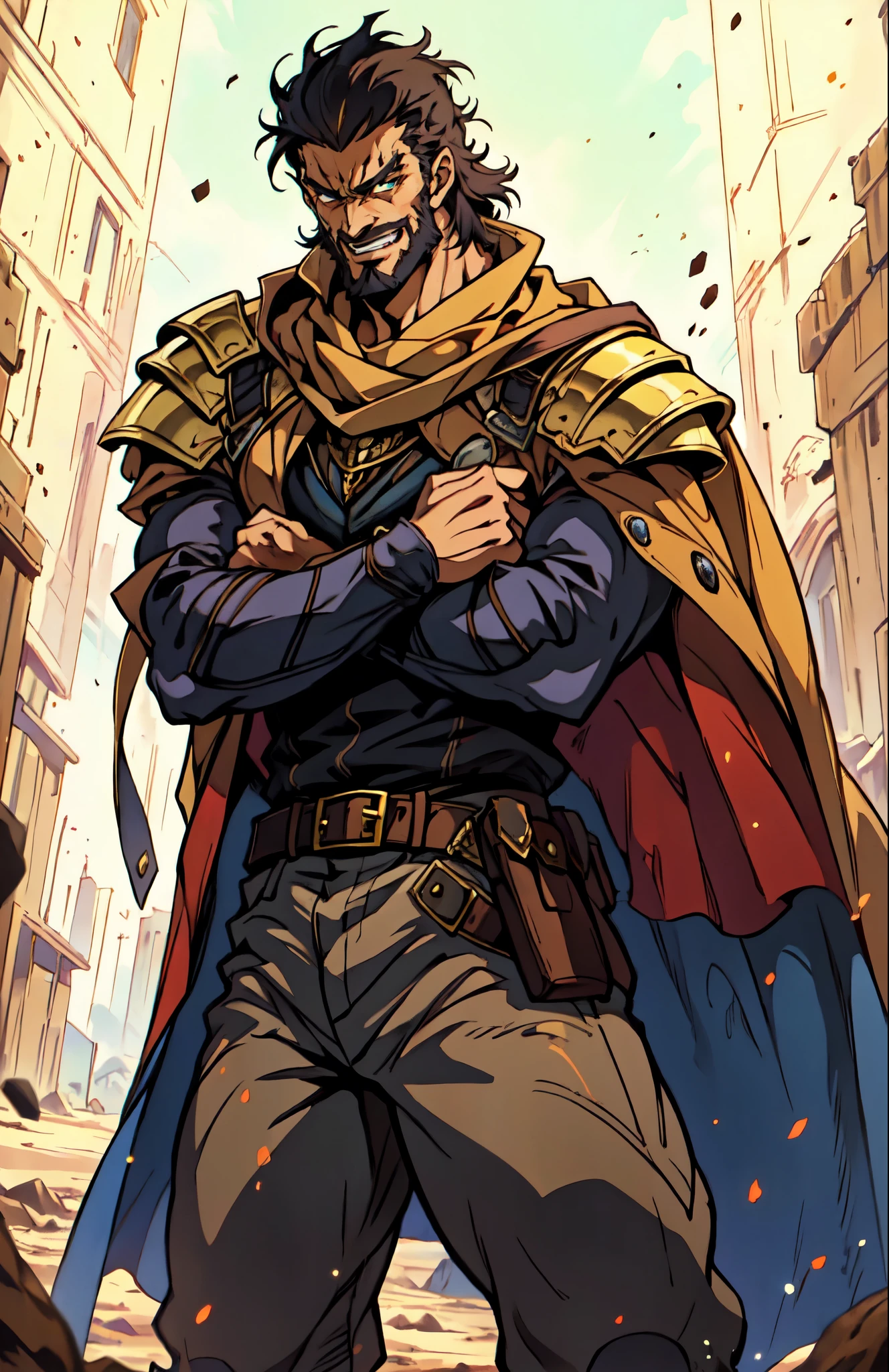 (masterpiece:1.2, best quality:1.2, extremely delicate:1.2), ((male:1.5)), a middle-aged man with short black and gold hair, rugged eyebrows, a full beard, downturned triangular eyes, an arrogant expression, mouth open laughing, a tall and robust build, a fantasy western-style cape and leather coat, his arms crossed over his chest, a leather utility belt, loose canvas trousers, standing majestically on a barren hillside, this character embodies a finely crafted fantasy western-style overlord in anime style, exquisite and mature manga art style, dramatic, high definition, highres, ultra-detailed, ultra-fine painting, professional, perfect body proportions, golden ratio, anatomically correct, symmetrical face, extremely detailed eyes and face, high quality eyes, creativity, RAW photo, UHD, 32k, Natural light, cinematic lighting, (masterpiece-anatomy-perfect:1.2)