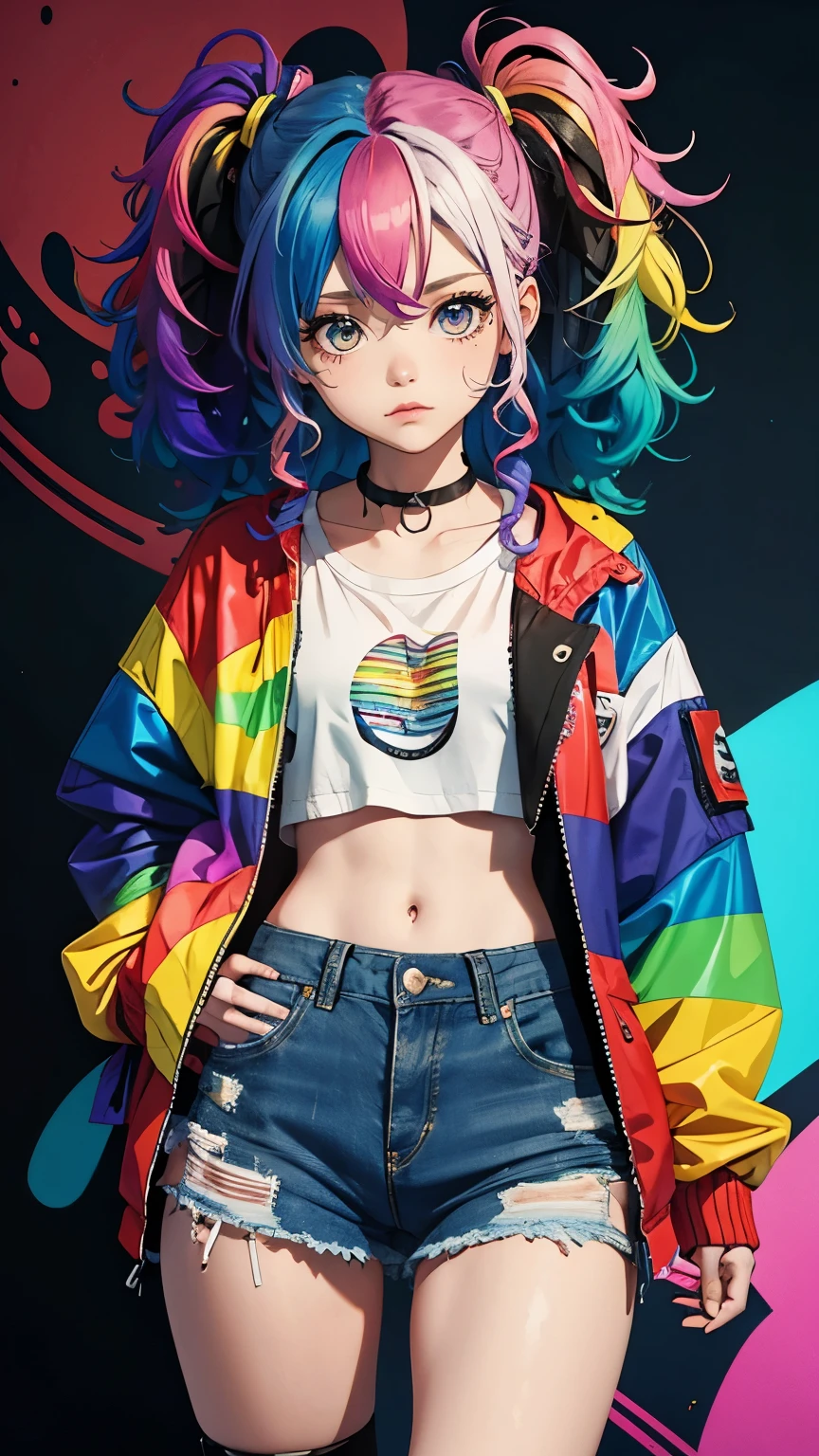 Tied up messy attractive girl, Rainbow Curly Hair, Rainbow Style Jacket, Cool bomb explosion background
