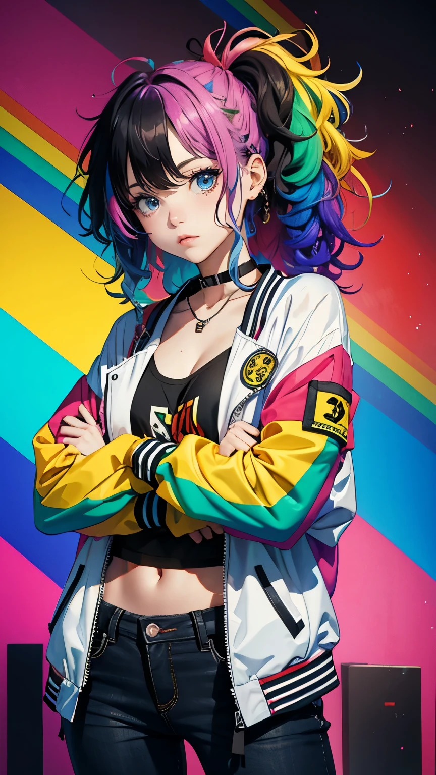Tied up messy attractive girl, Rainbow Curly Hair, Rainbow Style Jacket, Cool bomb explosion background