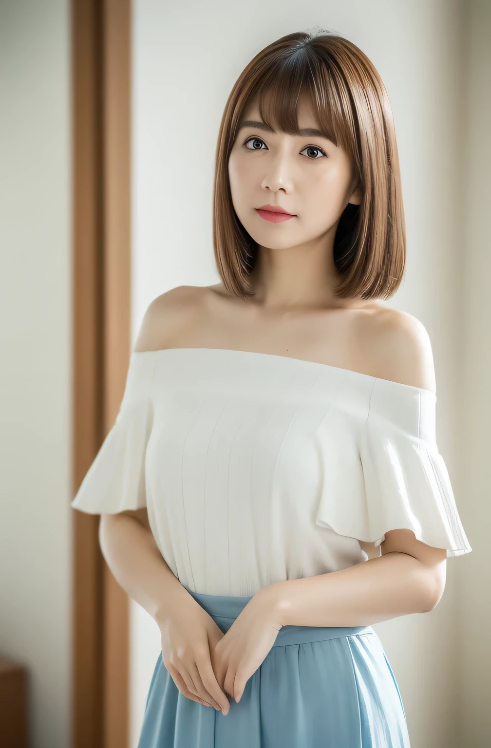 Masterpiece、Highest quality、masterpiece、High resolution、Photorealistic、Raw photo、8k wallpaper、perfection、Professional Lighting、Very detailed、Depth of written boundary、Light solid color background、((1 beautiful woman))、((Sexy 28 year old woman、Detailed oval face、Beautiful Eyes、bangs、shapely small breasts、Light brown, medium length straight hair、Faint lips、((Stand facing forward、Staring at the viewer with a serious expression。))、White off-the-shoulder camisole、Light blue skirt、Feet outside the frame