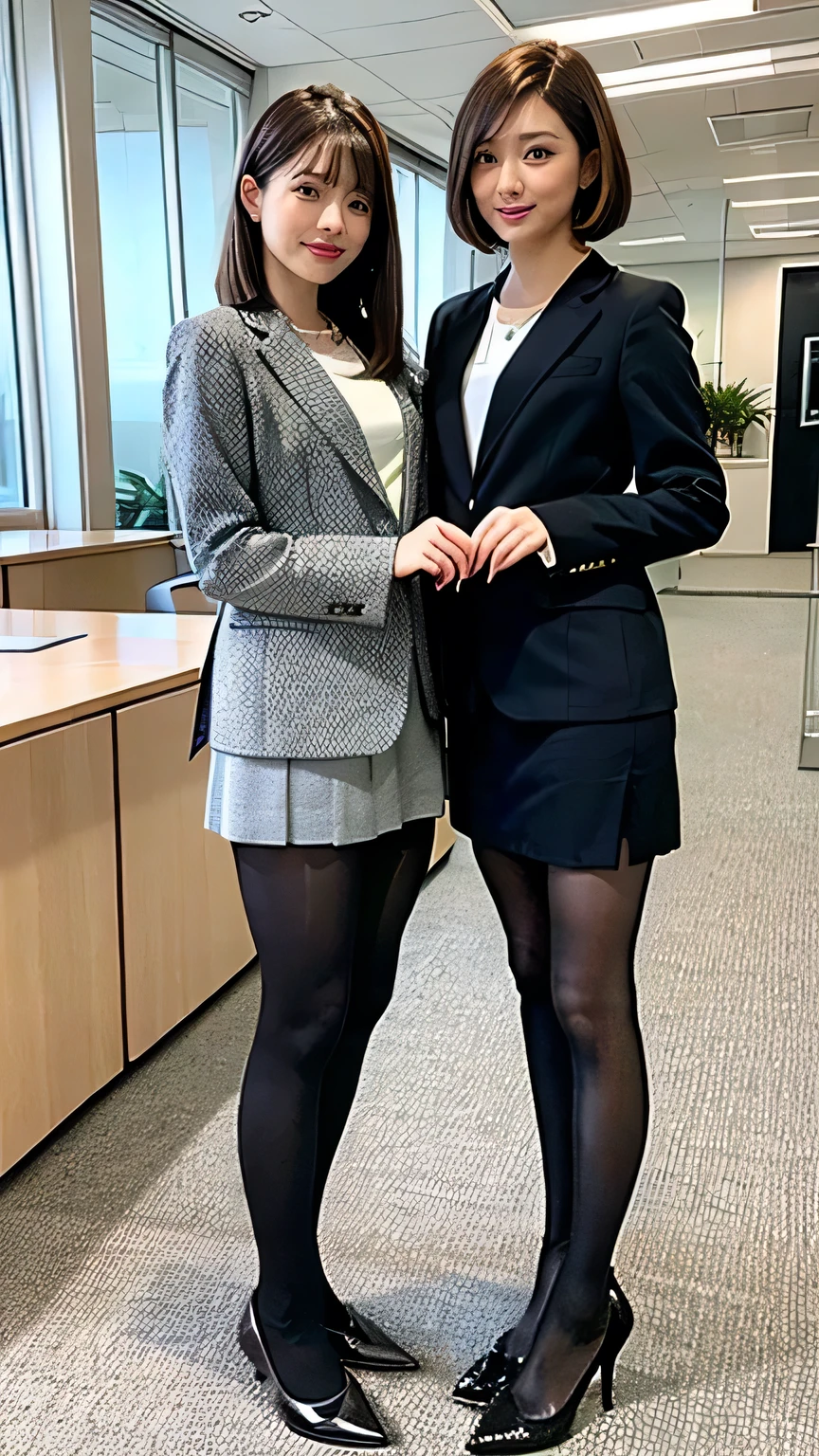 Highest quality, masterpiece, Realistic, whole body photos、 Ultra-high resolution, ),Two women standing side by side、Light brown hair、Short Haircut、office lady suit、Knee-length skirt、tights、pumps、necklace, (office, indoor, Glass Room), (Long legs, whole body:1.2),