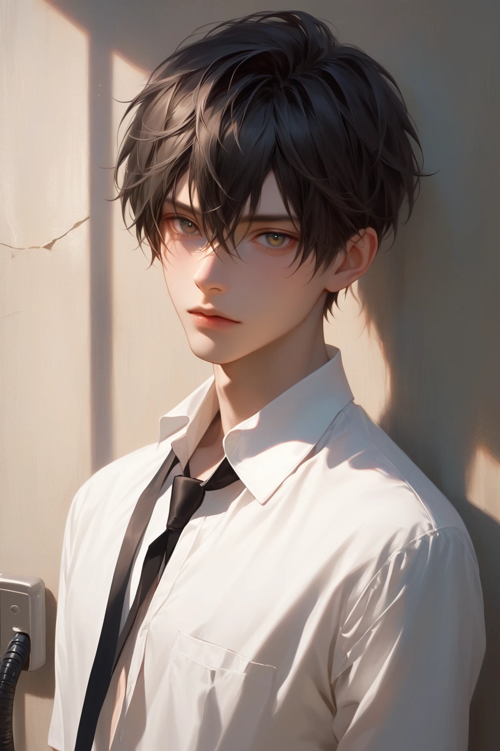 score_9,score_8_up,score_7_up,solo,looking at viewer,short hair,bangs,shirt,black hair,1boy,hair between eyes,jacket,white shirt,male focus,necktie,collared shirt,portrait,black necktie,restrained,bound,bdsm,object insertion,sex machine,deep shadows,nsfw,uncensored,nsfw,