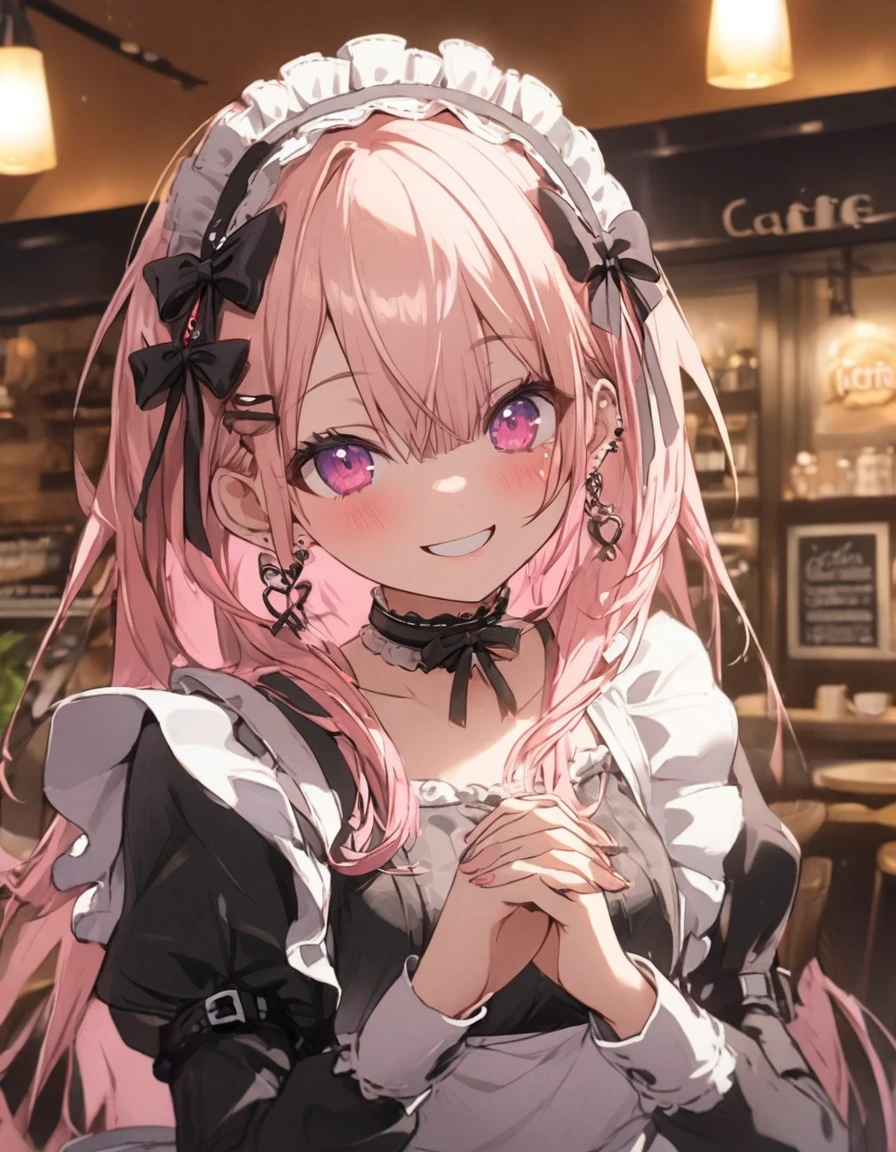 1girl, kawaii, lolita fashion, (((Maid clothes))),hair ornament, hair between eyes, smiling, upper body, earrings, choker, join hands,Cafe background