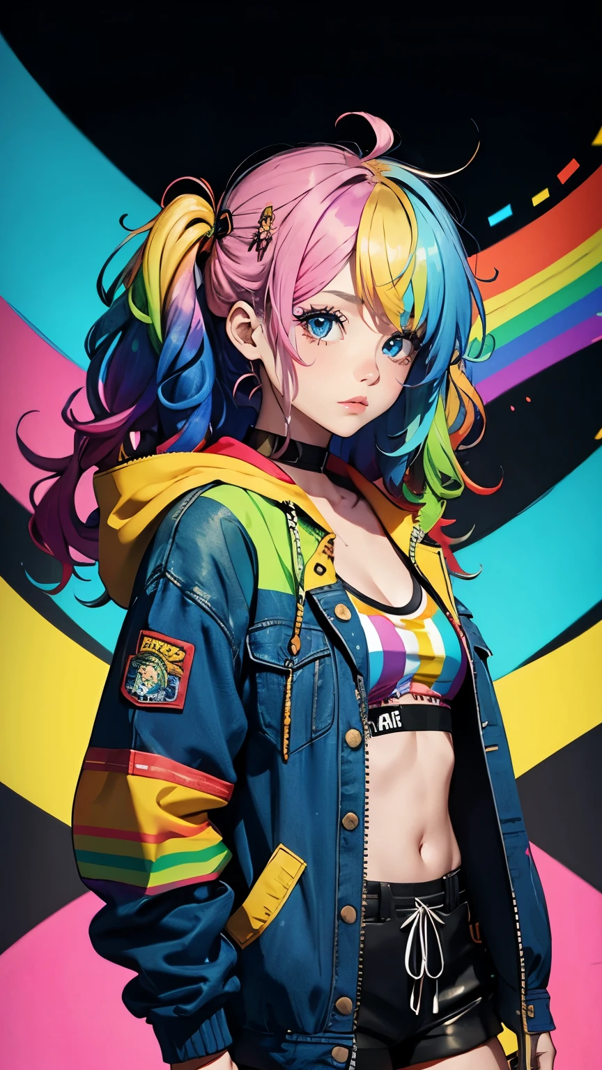 Tied up messy attractive girl, Rainbow Curly Hair, Rainbow Style Jacket, Cool bomb explosion background