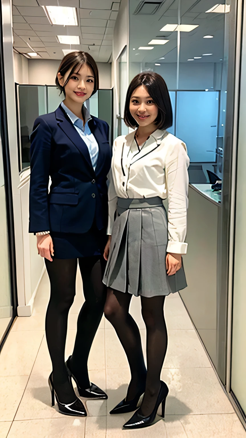 Highest quality, masterpiece, Realistic, whole body photos、 Ultra-high resolution, ),Two women standing side by side、Light brown hair、Short Haircut、office lady suit、Knee-length skirt、tights、pumps、necklace, (office, indoor, Glass Room), (Long legs, whole body:1.2),