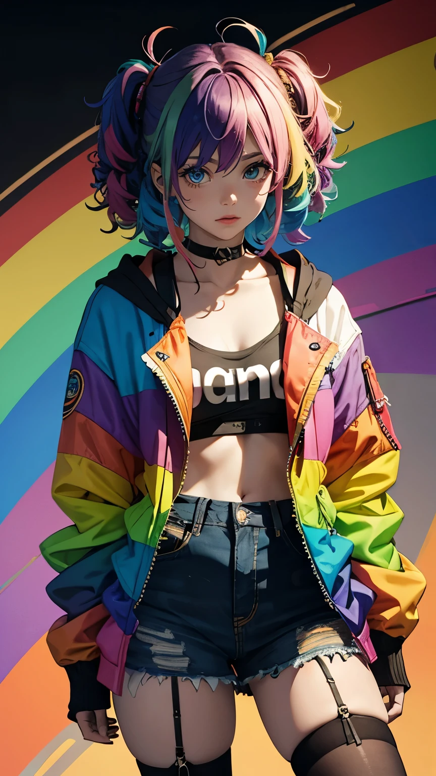 Tied up messy attractive girl, Rainbow Curly Hair, Rainbow Style Jacket, Cool bomb explosion background