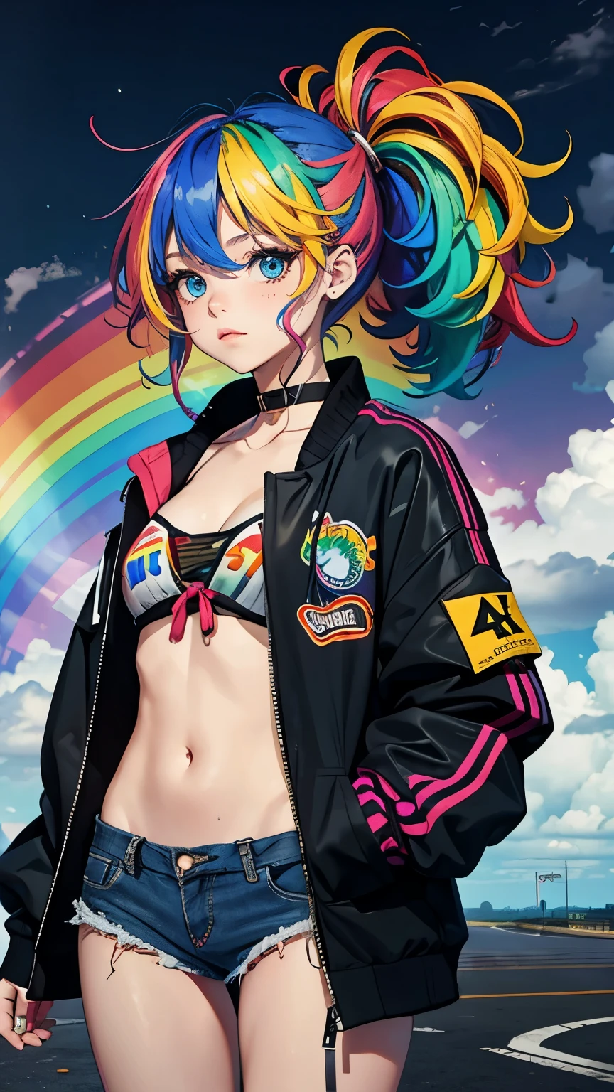 Tied up messy attractive girl, Rainbow Curly Hair, Rainbow Style Jacket, Cool bomb explosion background