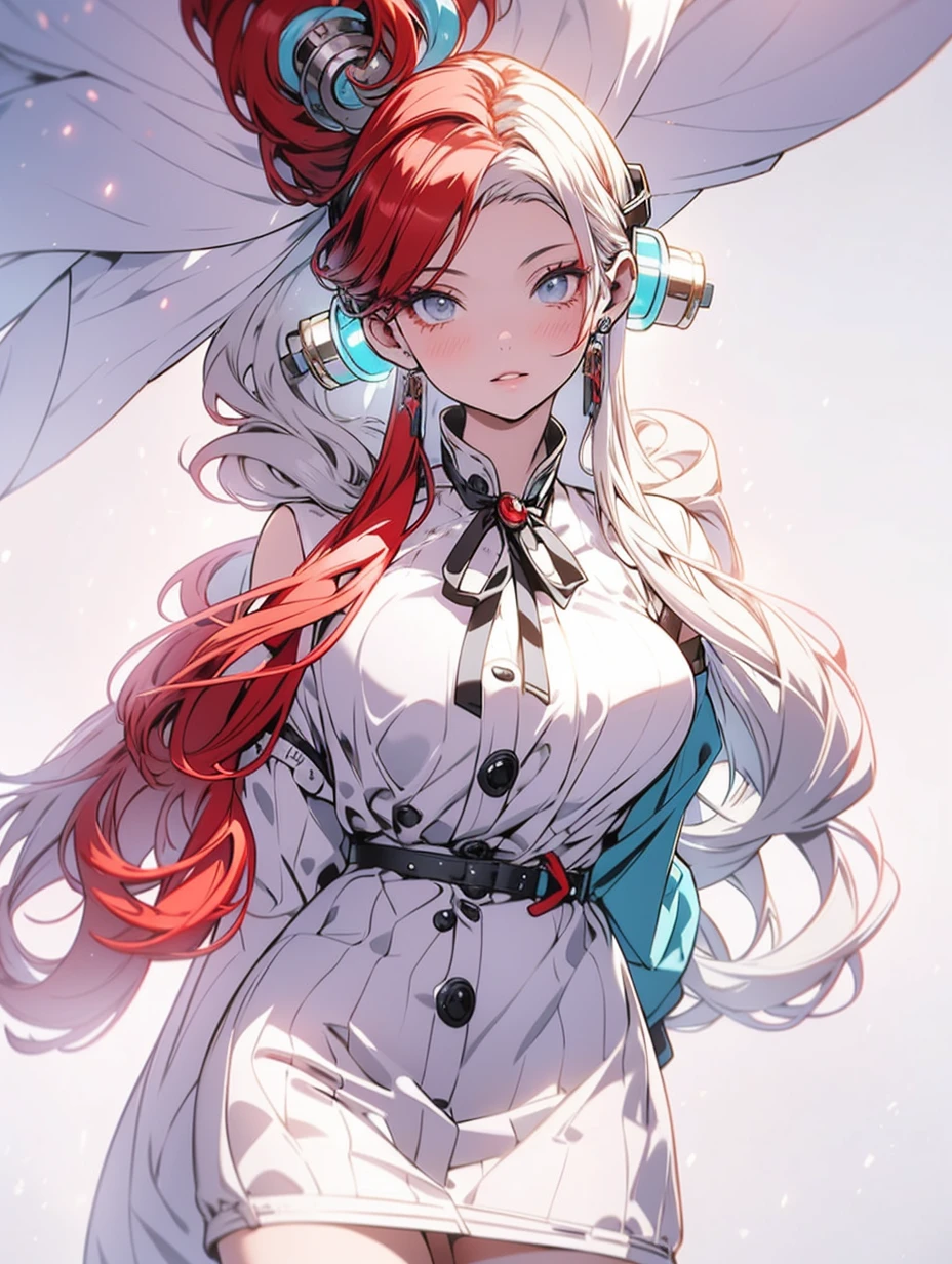 Red-haired singer Uta from anime One Piece. She has long red and white double-colored hair, and the hairstyle is futuristic and dynamic, with two strands of hair at the top of her head forming a ring-shaped hair bundle. The hair color is assigned as red on the left and white on the right, creating a sharp contrast. She wears tech-rich headphones with a gold body and a blue-and-white striped earmuff with a metallic texture, a unique and modern design. She has big eyes, thick eyelashes, small nose and lips, soft facial lines, delicate facial features, smooth and delicate skin, showing an idealized beauty. She was wearing a jk suit, shiny material, shimmering effect, black stockings, round earrings. The lighting effect is very realistic. The light source comes from the front left, illuminating the character's face, chest and right arm, creating soft shadows. The black tight-fitting dress has a noticeable glossy effect. The highlights of the hair and the metal part of the headset highlight the realism of the material. The binary light and shadow effect in the picture illuminates one side of the character's face and leaves the other side in the shadow, increasing the three-dimensional sense and visual impact. Tone aspects, mainly black, red and white, forming a strong contrast. The background tone is soft and slightly gray, making the foreground role more prominent. Background virtual, SLR effect. The overall style is 3D animation, the painting style is exquisite, the light and shadow effect is realistic, the color is bright, and it has the feeling of photo shooting., full body, film lighting