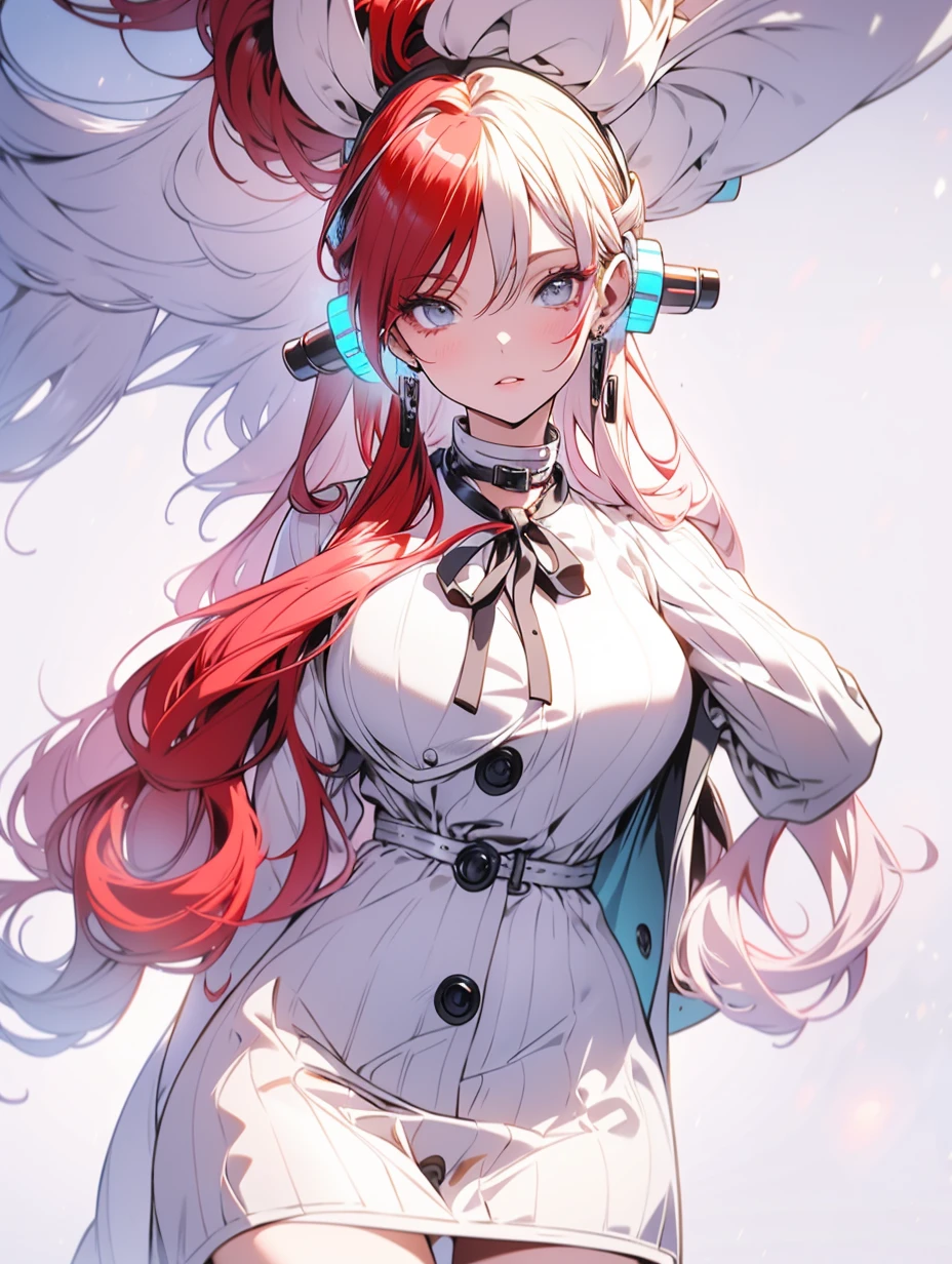 Red-haired singer Uta from anime One Piece. She has long red and white double-colored hair, and the hairstyle is futuristic and dynamic, with two strands of hair at the top of her head forming a ring-shaped hair bundle. The hair color is assigned as red on the left and white on the right, creating a sharp contrast. She wears tech-rich headphones with a gold body and a blue-and-white striped earmuff with a metallic texture, a unique and modern design. She has big eyes, thick eyelashes, small nose and lips, soft facial lines, delicate facial features, smooth and delicate skin, showing an idealized beauty. She was wearing a jk suit, shiny material, shimmering effect, black stockings, round earrings. The lighting effect is very realistic. The light source comes from the front left, illuminating the character's face, chest and right arm, creating soft shadows. The black tight-fitting dress has a noticeable glossy effect. The highlights of the hair and the metal part of the headset highlight the realism of the material. The binary light and shadow effect in the picture illuminates one side of the character's face and leaves the other side in the shadow, increasing the three-dimensional sense and visual impact. Tone aspects, mainly black, red and white, forming a strong contrast. The background tone is soft and slightly gray, making the foreground role more prominent. Background virtual, SLR effect. The overall style is 3D animation, the painting style is exquisite, the light and shadow effect is realistic, the color is bright, and it has the feeling of photo shooting., full body, film lighting