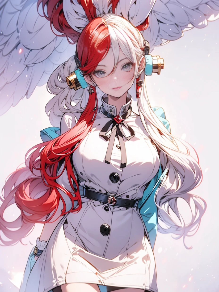 Red-haired singer Uta from anime One Piece. She has long red and white double-colored hair, and the hairstyle is futuristic and dynamic, with two strands of hair at the top of her head forming a ring-shaped hair bundle. The hair color is assigned as red on the left and white on the right, creating a sharp contrast. She wears tech-rich headphones with a gold body and a blue-and-white striped earmuff with a metallic texture, a unique and modern design. She has big eyes, thick eyelashes, small nose and lips, soft facial lines, delicate facial features, smooth and delicate skin, showing an idealized beauty. She was wearing a jk suit, shiny material, shimmering effect, black stockings, round earrings. The lighting effect is very realistic. The light source comes from the front left, illuminating the character's face, chest and right arm, creating soft shadows. The black tight-fitting dress has a noticeable glossy effect. The highlights of the hair and the metal part of the headset highlight the realism of the material. The binary light and shadow effect in the picture illuminates one side of the character's face and leaves the other side in the shadow, increasing the three-dimensional sense and visual impact. Tone aspects, mainly black, red and white, forming a strong contrast. The background tone is soft and slightly gray, making the foreground role more prominent. Background virtual, SLR effect. The overall style is 3D animation, the painting style is exquisite, the light and shadow effect is realistic, the color is bright, and it has the feeling of photo shooting., full body, film lighting