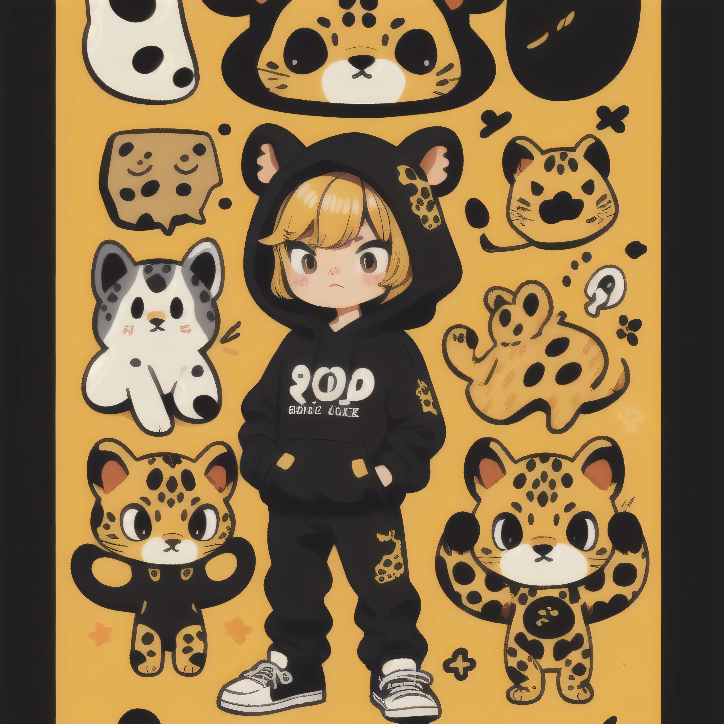 Cartoon image of A Cool Leopard wearing black hoodie, hands in pockets, Black pants, Red sneaker, Cartoon style illustration, Cartoon Art Style, Cartoon Art Style, Digital illustration style, Highly detailed character design, cute detailed digital art, Fan Art, Animal Sticker, Animal Character Design, Sticker Design, beautiful digital illustration, high quality full body sticker, Comic art, Kawaii Character Design, Chibi, Chibi Design, white background