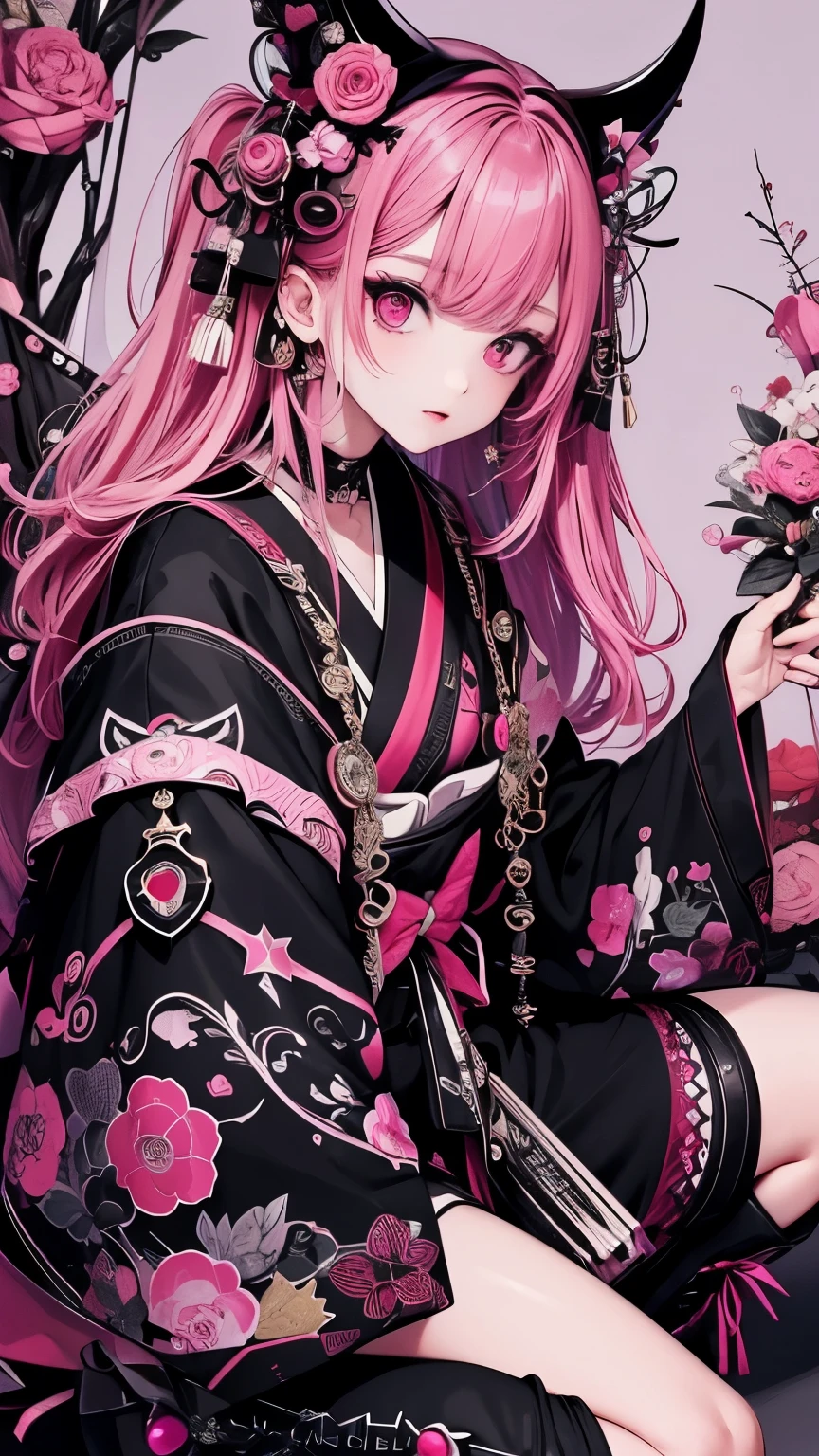 (masterpiece), Highest quality, Ultra-high resolution,Devil with a black ribbon、Pink Hair、Deep pink eyes、Black clothing、kimono、punk、Confident expression、Black boots、Oiran、Wind、cyber-、gun