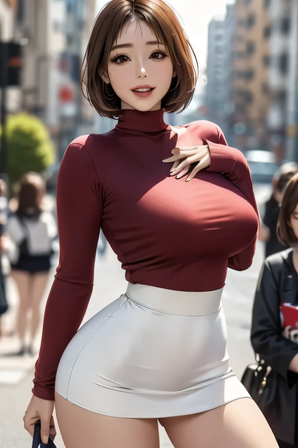 a J-pop idol wearing a turtleneck sweater, (((masterpiece))), ((Highest quality)), ((Complex)), ((surreal)), Bakares, (Mature Woman), ((peerless)), Very detailed, 1 girl, ((Big Breasts)), Beautiful and detailed, Brunette Short Hair, Brown eyes, (turtleneck:1.2), (Tight Skirt), ((Thighs)), (background: underground), Detailed background, choker, Perfect Eyes, Captivating eyes, Looking at the audience, from before