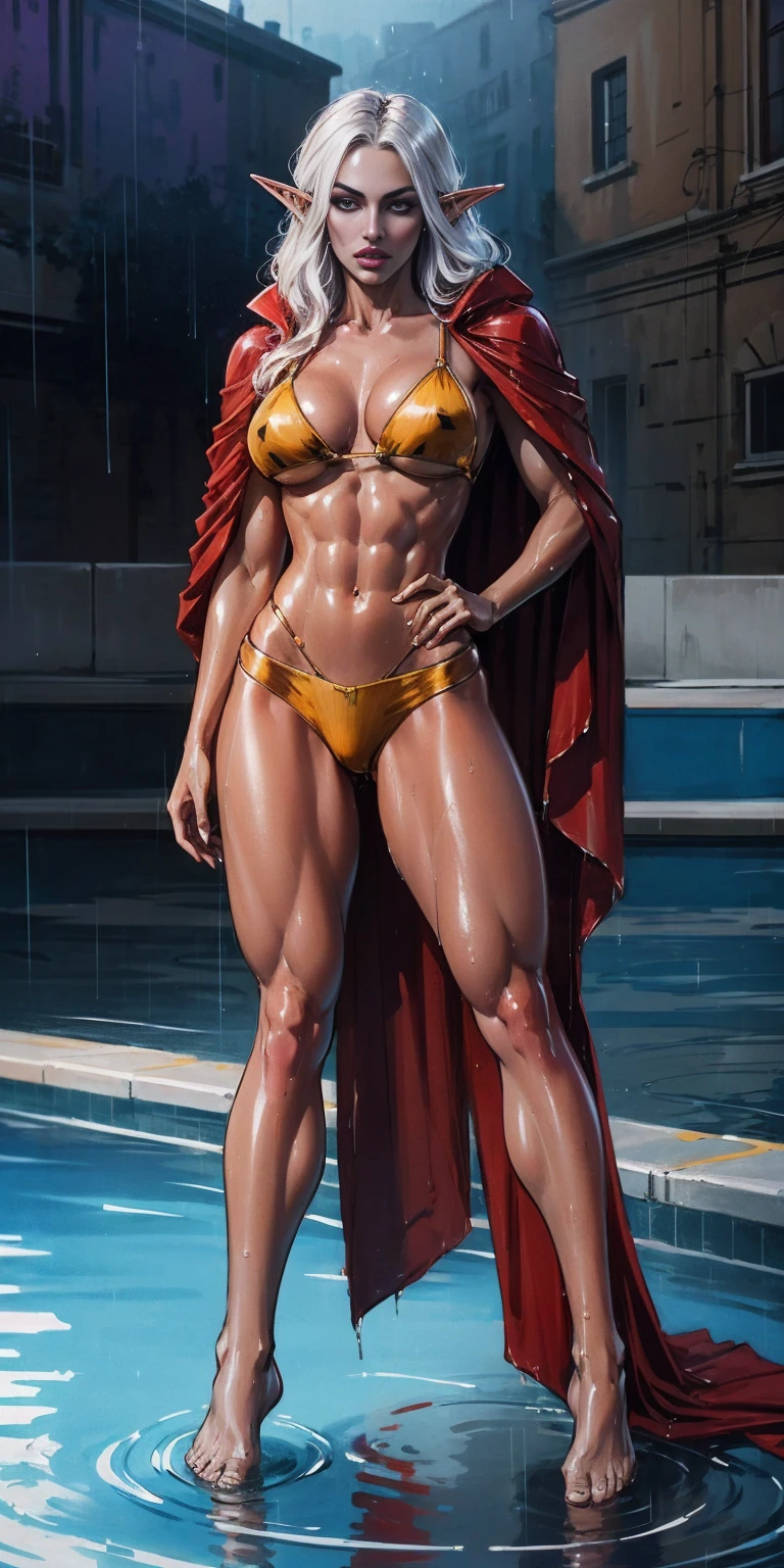 Full body, masterpiece, 1solofemale drow elf purple skin standing pose (yellow tiger bikini) red cape, red bikini, long white hair, strong body, abs, Ultra Quality, shiny skin, Atmospheric, 8K, Cinematic ((Street background)) BREAK, sunglasses (wet rainy, wet by rain, wet body :1.2) ultra-detailed face, detailed lips, detailed eyes, double eyelid, sensual low-necked dress, open neckline, hanging breasts, side pose, visible curves, pool, poolside, red transparent robe, sunglasses, muscular turned leg