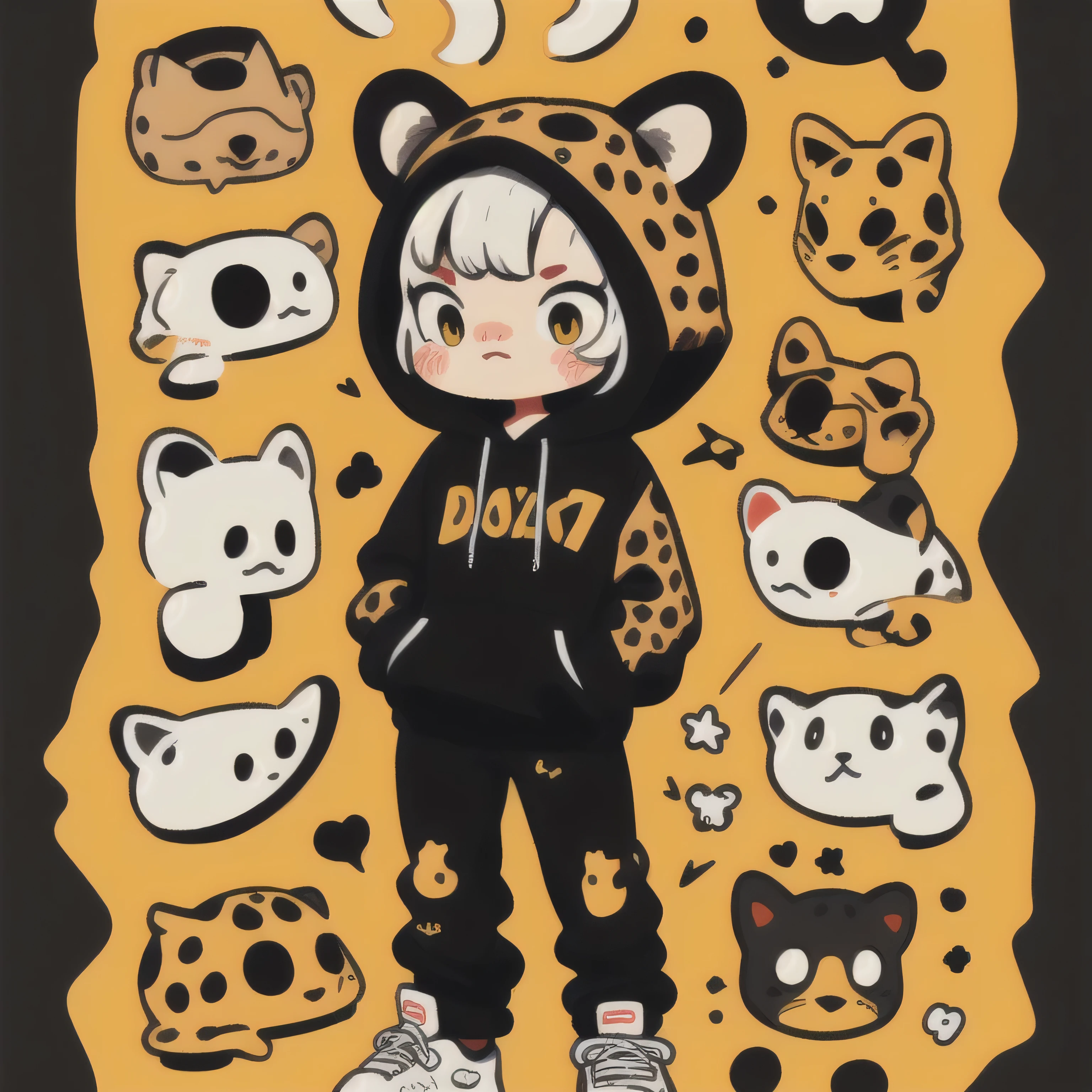 Cartoon image of A Cool Leopard wearing black hoodie, hands in pockets, Black pants, Red sneaker, Cartoon style illustration, Cartoon Art Style, Cartoon Art Style, Digital illustration style, Highly detailed character design, cute detailed digital art, Fan Art, Animal Sticker, Animal Character Design, Sticker Design, beautiful digital illustration, high quality full body sticker, Comic art, Kawaii Character Design, Chibi, Chibi Design, white background