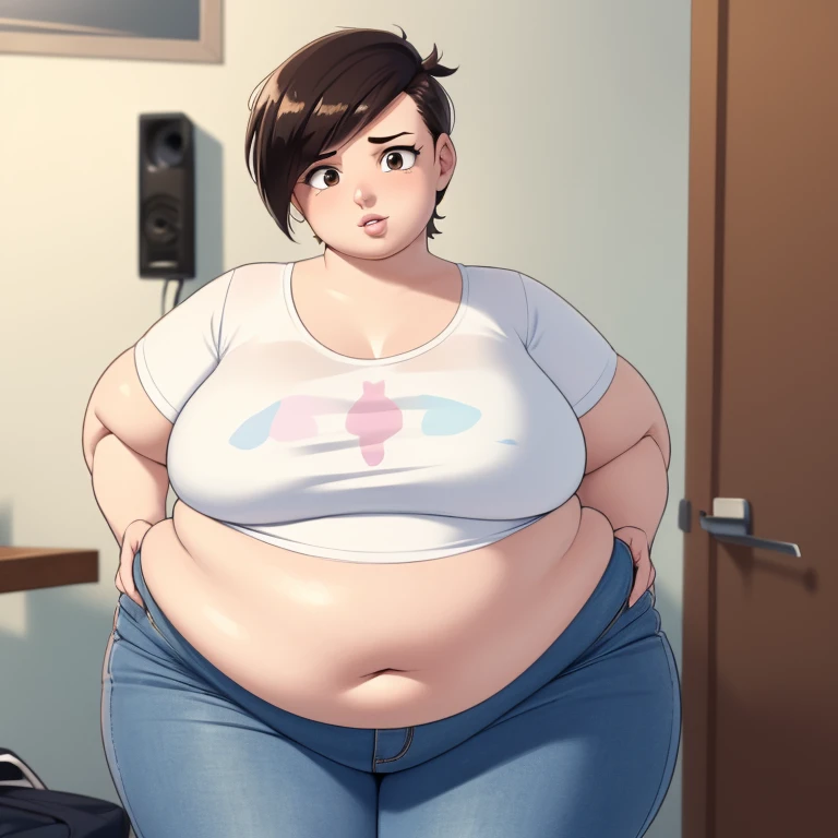 ((ultra quality)), ((masterpiece)), fat Frankie Foster, 1 fat girl solo ((black short hair tomboy hairstyle)), (Beautiful face), (beautiful female lips), (), charming, ((Happy facial expression)), looks at the camera, eyes slightly open, ( white skin color), (white skin), glare on the body plus, ((detailed beautiful female eyes)), ((dark brown eyes)), (juicy female lips), (dark eyeliner), (beautiful female hands), (( fat female figure)), female body plus, beautiful waist, gorgeous thighs, beautiful medium breasts, ((subtle and beautiful)), sexy worth (), (White shirt, Black jeans) background: office, ((depth of field)), ((high quality clear image)), (clear details), ((high detail)), realistically, professional photo session, ((Clear Focus)), anime