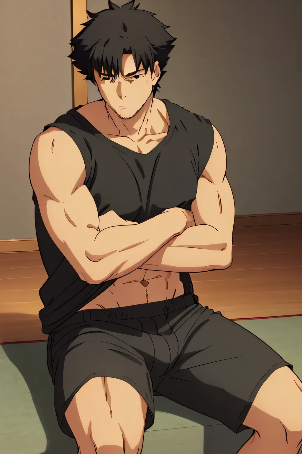 Kiritsugu is sitting and flexing his arms. He wears a black tshirt with short sleeves. His right sleeve is completely rolled up, so you can see his entire arm and shoulder. He wears black short boxershorts. You can see his thighs completely. He has a huge bulge. You can see his abs too. He is admiring his arms.