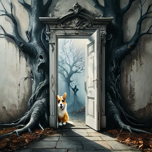 (best quality, super fine, 16k, incredibly absurdres, extremely detailed, 2.5D, delicate and dynamic, three-dimensional effect expressed by light and shade, highres, 8k, masterpiece, immersive atmosphere, film grain)
(a undetailed white door, white door, undetailed door, no details in the center) (Colorful frame around the door, paintings in the wall around, details around, detailed wall, detailed environment, fine detail, optial illusion, complex, hand draw, 3D painting, reality, fantasy art, enhance, intricate, sharp, best quality, masterpiece, Representative work, official art, Professional, 8k, based on the following poem: In the trees I knead the roots and only see my parents—but barely see trees here. In the buildings, I only see the windows and am already in love with what they hide—and I only see Her. In the cars, I only see the shadow and these ghosts haunt me. On the sidewalks, I do not see the viable paths you saw when we were together. And yes, in my house, I no longer see you, I do not dream much. In my hand, I do not see yours and I am already unique. In these fingerprints, I only see the typing touching the world. That I only see another randomly the same first moment—and second, and second, and minute, and I pray, and hour, and delay, night falls, day, and without a sister in the family, I am, week, at my mercy, nothing is mine, month, without a master, semester, without a plan, year, year and a half, without a middle, only an instant... and quickly I descend to the decade. In decadence, I soon reach the decade, and so soon I am already twenty years old...)cute corgis shadow Ghost
Ghost big shadow ghosts ghost