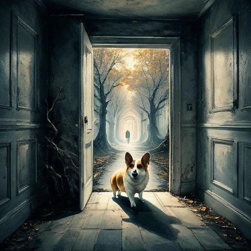 (best quality, super fine, 16k, incredibly absurdres, extremely detailed, 2.5D, delicate and dynamic, three-dimensional effect expressed by light and shade, highres, 8k, masterpiece, immersive atmosphere, film grain)
(a undetailed white door, white door, undetailed door, no details in the center) (Colorful frame around the door, paintings in the wall around, details around, detailed wall, detailed environment, fine detail, optial illusion, complex, hand draw, 3D painting, reality, fantasy art, enhance, intricate, sharp, best quality, masterpiece, Representative work, official art, Professional, 8k, based on the following poem: In the trees I knead the roots and only see my parents—but barely see trees here. In the buildings, I only see the windows and am already in love with what they hide—and I only see Her. In the cars, I only see the shadow and these ghosts haunt me. On the sidewalks, I do not see the viable paths you saw when we were together. And yes, in my house, I no longer see you, I do not dream much. In my hand, I do not see yours and I am already unique. In these fingerprints, I only see the typing touching the world. That I only see another randomly the same first moment—and second, and second, and minute, and I pray, and hour, and delay, night falls, day, and without a sister in the family, I am, week, at my mercy, nothing is mine, month, without a master, semester, without a plan, year, year and a half, without a middle, only an instant... and quickly I descend to the decade. In decadence, I soon reach the decade, and so soon I am already twenty years old...)cute corgis shadow Ghost
Ghost big shadow ghosts ghost