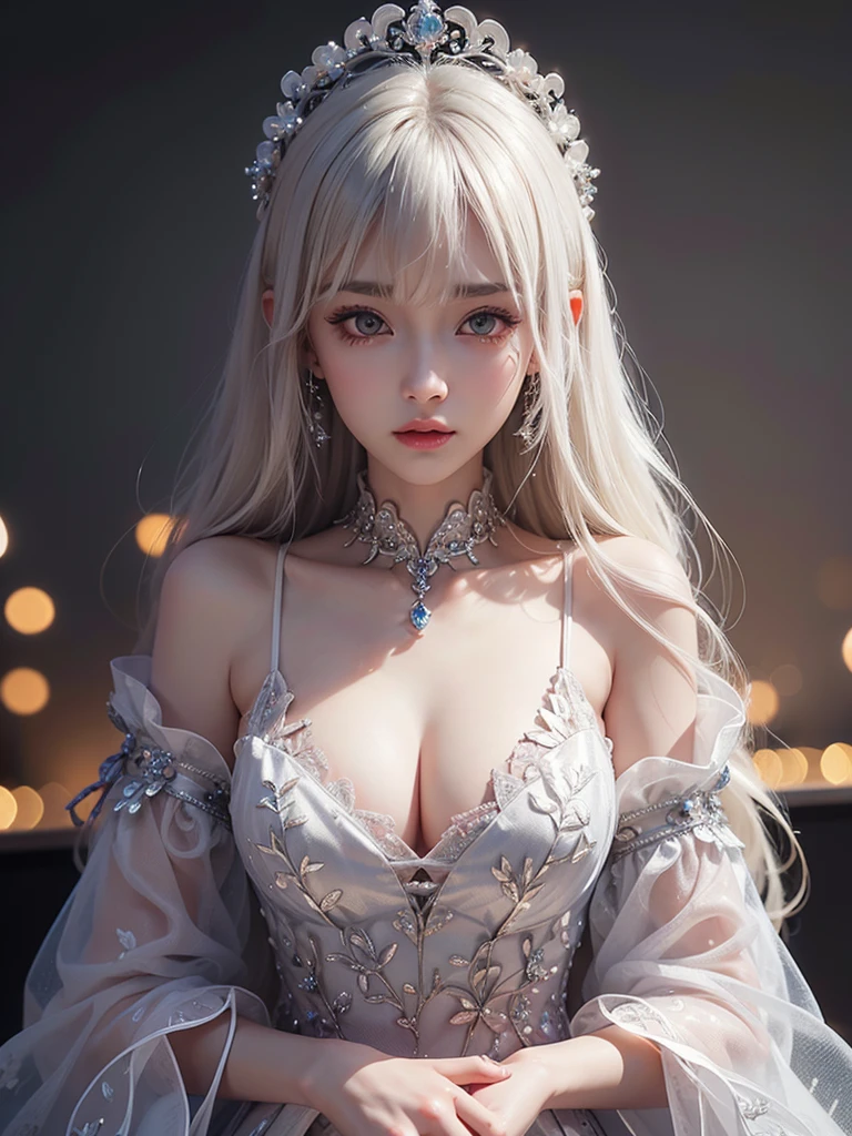 Platinum Blonde Fine Hair、Extra long silky straight hair、Big eyes with bangs and eyeliner、Visible cleavage、Nordic Youth、Perfect body、Very beautiful and cute、White Skin、Smooth and radiant skin、Young and beautiful skin、Perfect beautiful little face、Shiny Makeup、Thin pink lip gloss expression、girl、Lipstick、Deceptive advertising、{Steaming hot}、Audience perspective、Primetime lights、Bokeh atmosphere perspective、Detailed movie lighting、Intricate details、high resolution、 Details of facial design、High Detail、Be focused、Smoothness、aesthetics、Print、Octane Renderer、{{masterpiece}}
