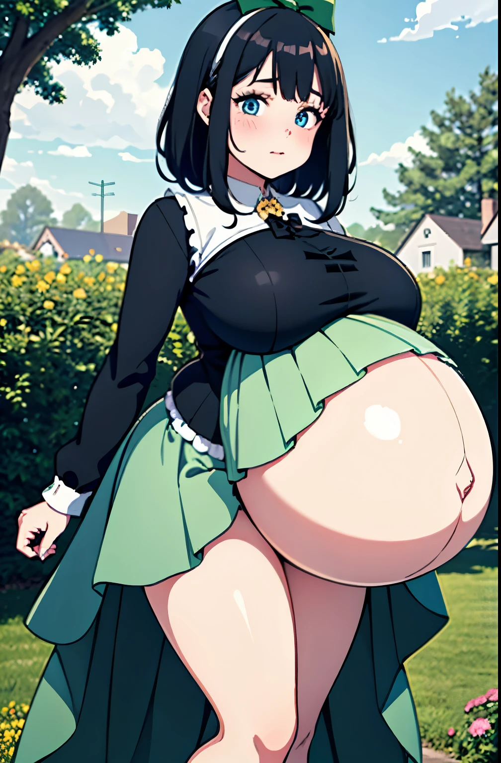 hair bow, black hair,Big Baby Bump pregnant, green princess long sleeve custom , Big , nipple, cum,16 years girl, Big pregnant Belly, Big Pregnant girl, Largest Belly of Pregnant, Huge Pregnancy Belly, huge 9 months Pregnancy Belly, sky blue eyes, background garden, short white skirt, white long socks