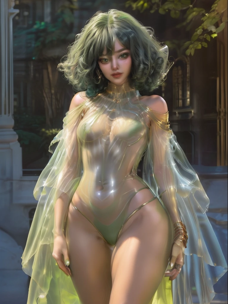 ((best qualityer)), ((work of art)), (detailded), ((alien woman)) (( cos "fake skinny,"))  ((Broad Hips)) ((broadshouldered)) ((thick-thighs)) ((breasts small.)) (curly hair) ((wearing nothing but a thin, transparent tunic.)) ((greenskin)) ((kinda chubby)) ((Oval face)) ((chubby nose)) ((cor de greenskin))