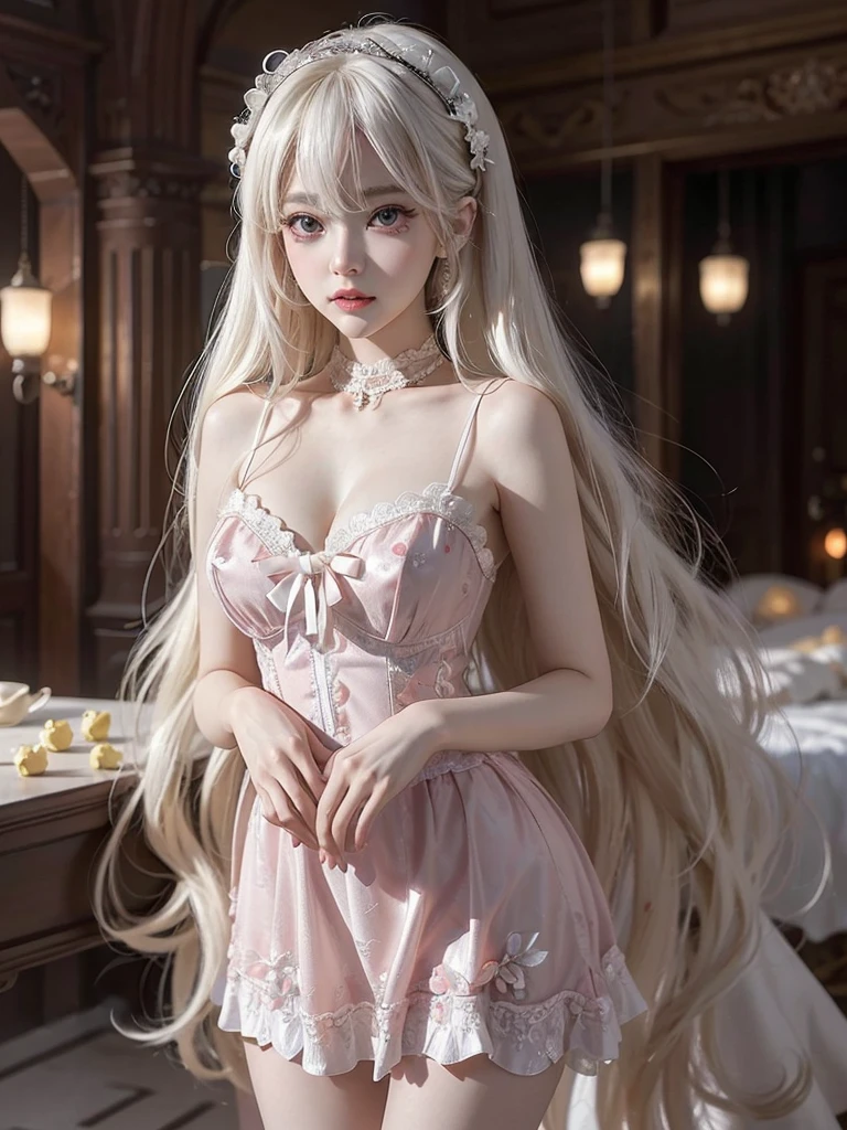lolita1,dress,flower Platinum Blonde Fine Hair、Extra long silky straight hair、Big eyes with bangs and eyeliner、Visible cleavage、Nordic Youth、Perfect body、Very beautiful and cute、White Skin、Smooth and radiant skin、Young and beautiful skin、Perfect beautiful little face、Shiny Makeup、Thin pink lip gloss expression、girl、Lipstick、Deceptive advertising、{Steaming hot}、Audience perspective、Primetime lights、Bokeh atmosphere perspective、Detailed movie lighting、Intricate details、high resolution、 Details of facial design、High Detail、Be focused、Smoothness、aesthetics、Print、Octane Renderer、{{masterpiece}}