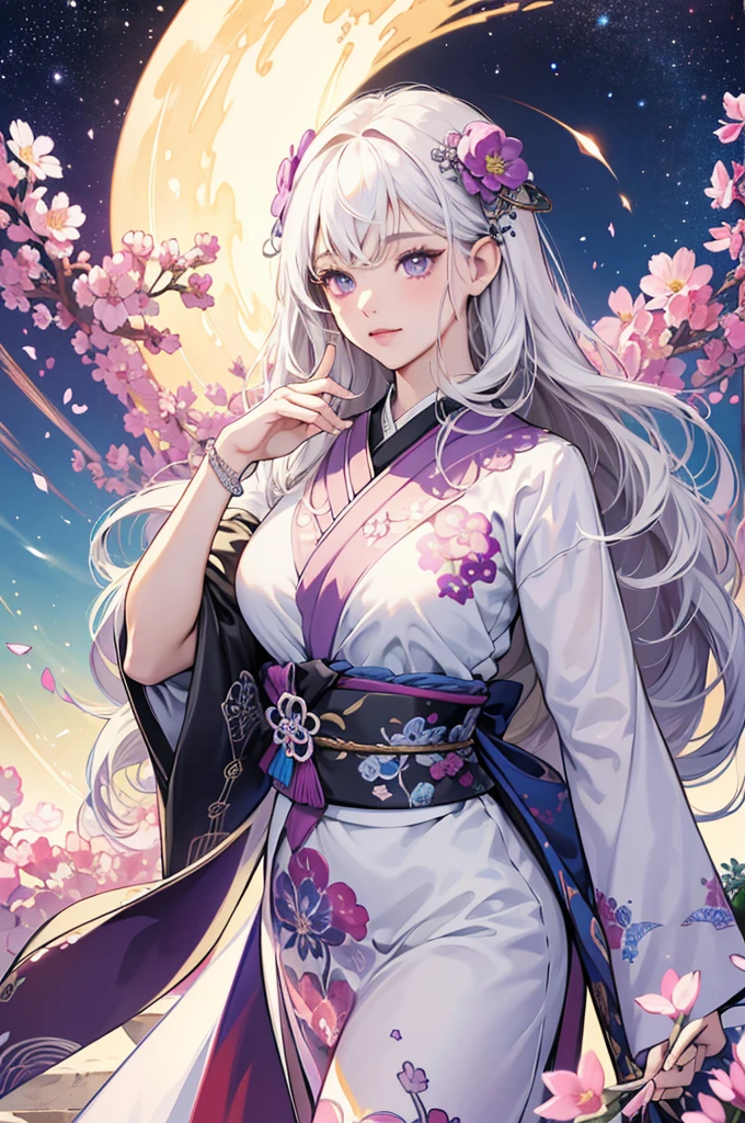 8k, (absurdres, highres, ultra detailed), (1lady), Big boobs:1.2, curvy, sexy, kawaii, Brilliant light, cinematic lighting, long wavy white hair, nijilorawolf, detailed fingers, intricate details, 32k digital painting, hyperrealism, (vivid color,abstract background:1.3, colorful:1.3, flowers:1.2, zentangle:1.2, fractal art:1.1) , parted bangs, SUPER HIGH quality, in 8K , intricate detail, ultra-detailed,High detailed ,kawacy,line art,illustration,A Traditional Japanese Art, purple eyes, elegant long dress, high resolution, highly detailed, detailed background, perfect lighting, hair ornament, bracelet, background (white hall, white stairs, clean sky, stars ),FFIXBG