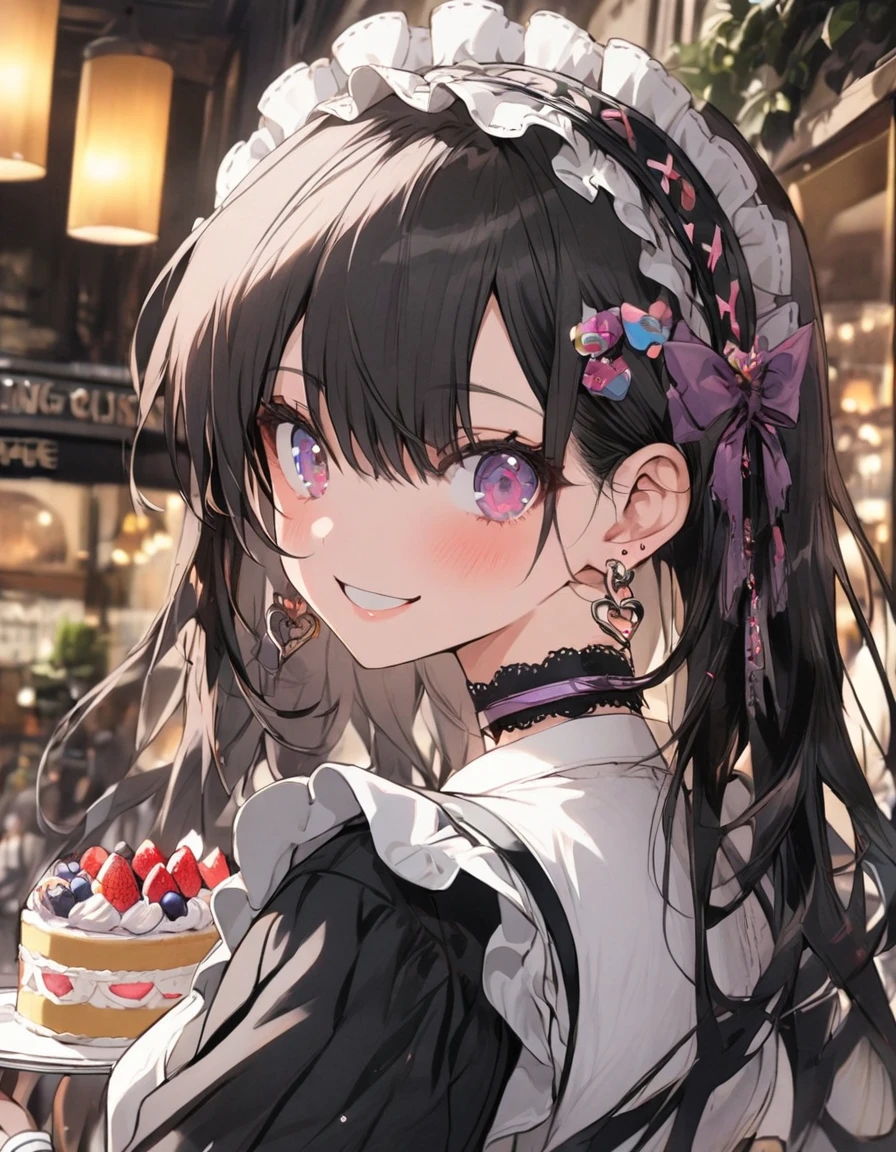 1girl, kawaii, lolita fashion, (((Maid clothes))),hair ornament, hair between eyes, smiling, upper body, earrings, choker, (((bring cakes))),Cafe background