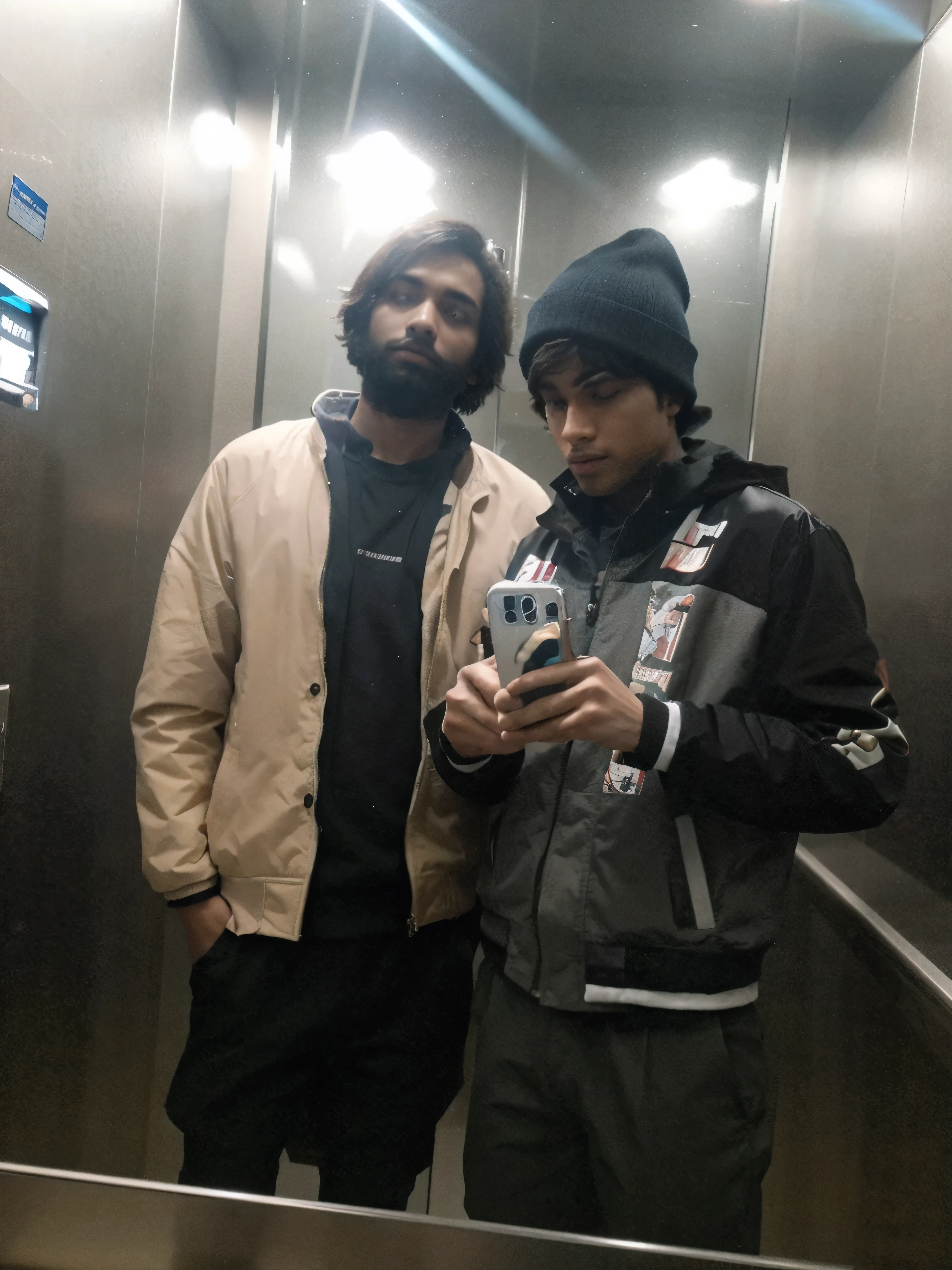 2 boys taking mirror selfie in lift evaluator, boys wear nice jackets, 4k, enhance and realistic
