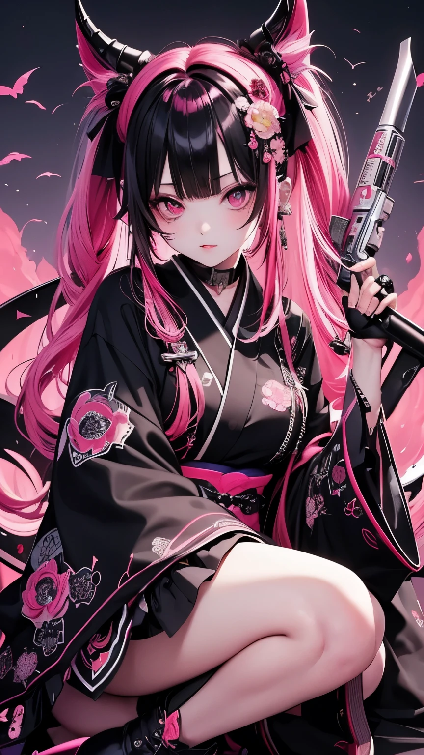 (masterpiece), Highest quality, Ultra-high resolution,Devil with a black ribbon、Pink Hair、Deep pink eyes、Black clothing、kimono、punk、Confident expression、Black boots、Oiran、Wind、cyber-、gun