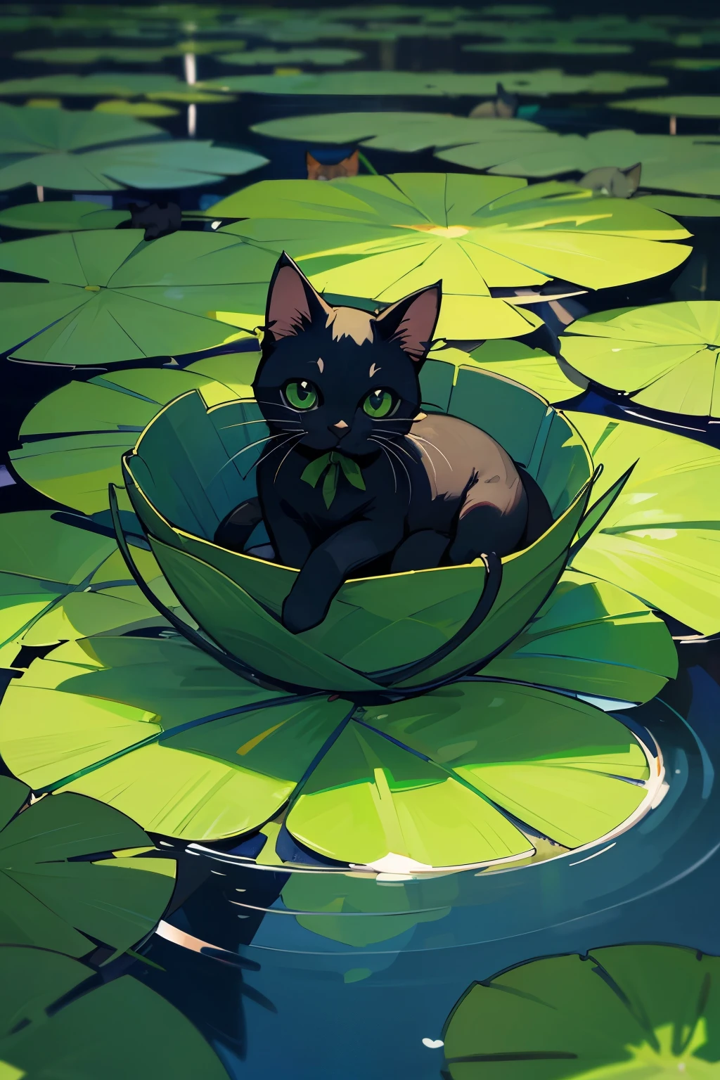 looking at the viewer, flower, pet focus, dark blue fur, water, animal, leaf, kitten cat, plant, black cat, animal focus, lily pad, pond, green ribbon, neck ribbon, mascot,a kitten alone