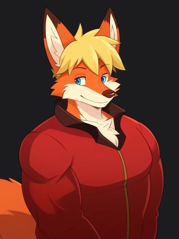 ((masterpiece, best quality)) a cartoon picture of full strong busty body, anthro red fox wearing a red coat warrior suit, blonde hair, red fur, fox nose, male, solo, one character, furry character, furry male. blue eyes, big fox ears, red fur. fluffy fur, beige chest, big tail, handsome face, dark background, blonde hair