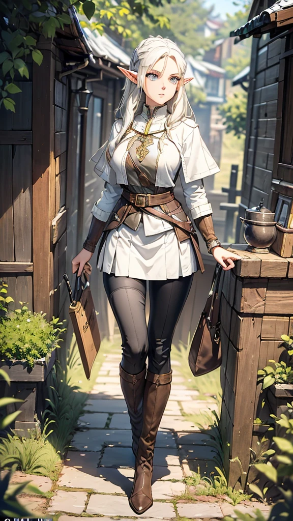Features: An adventurous elf woman, with elven ears, brown skin, a slightly curvy but still flat body and thin waist. She has bright golden eyes, big eyes, snow white hair, medium length straight hair, twintail hair style, double ponytail hairstyle and curtain bangs. She has a neutral, apathetic expression on her face.
Outfit: She wears black and white adventurer clothes. White coat with buttoned sleeves, a black and white striped shirt underneath, a medium-sized white skirt, a black belt, black tights and tall brown leather boots.
Scenario: A dense pine forest by day.