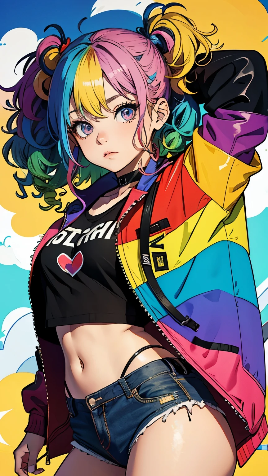 Tied up messy attractive girl, Rainbow Curly Hair, Rainbow Style Jacket, Cool bomb explosion background