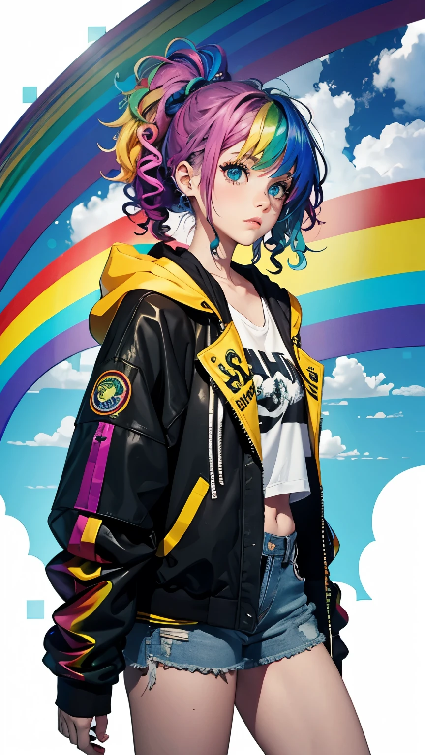 Tied up messy attractive girl, Rainbow Curly Hair, Rainbow Style Jacket, Cool bomb explosion background