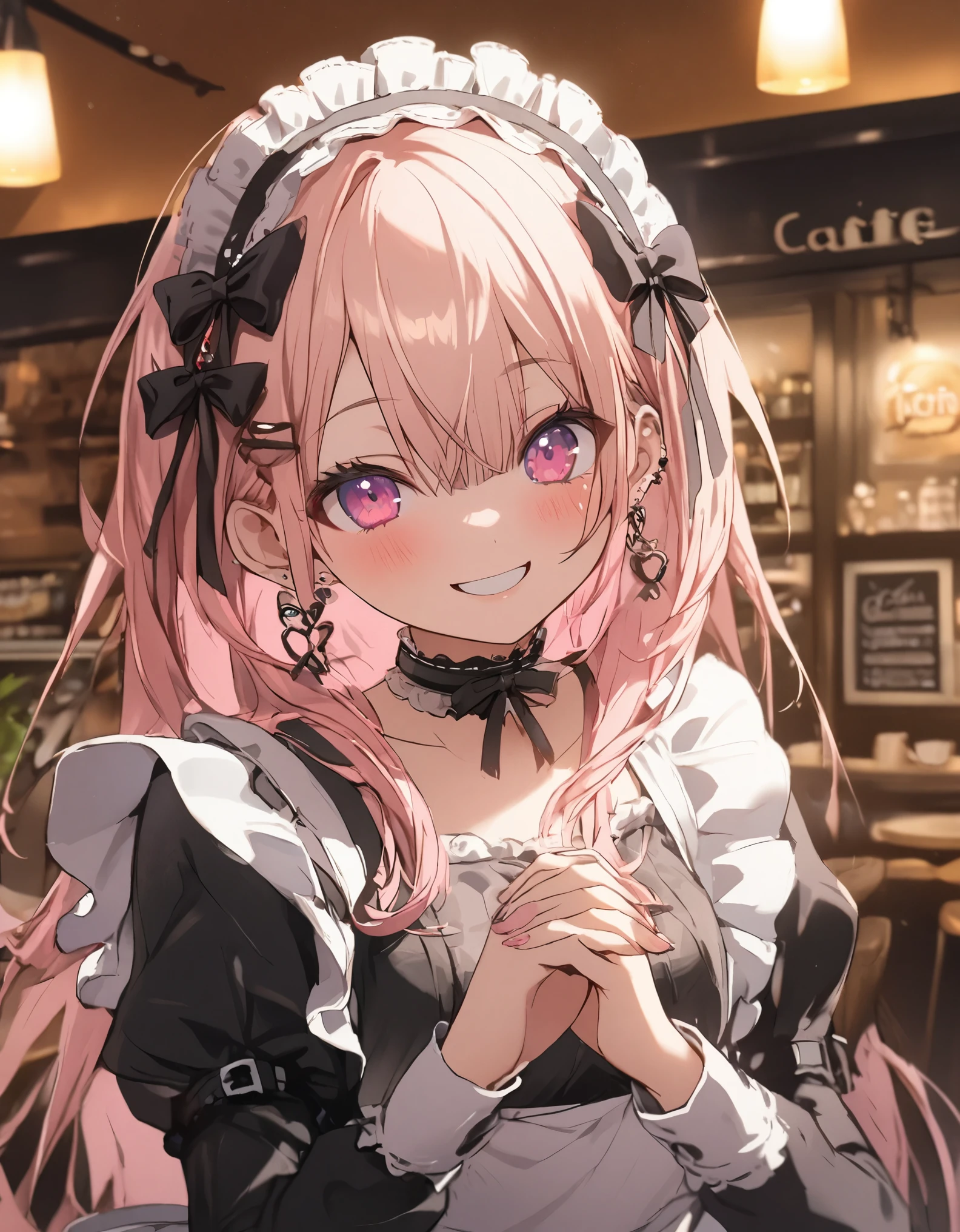 1girl, kawaii, lolita fashion, (((Maid clothes))),hair ornament, hair between eyes, smiling, upper body, earrings, choker, join hands,Cafe background