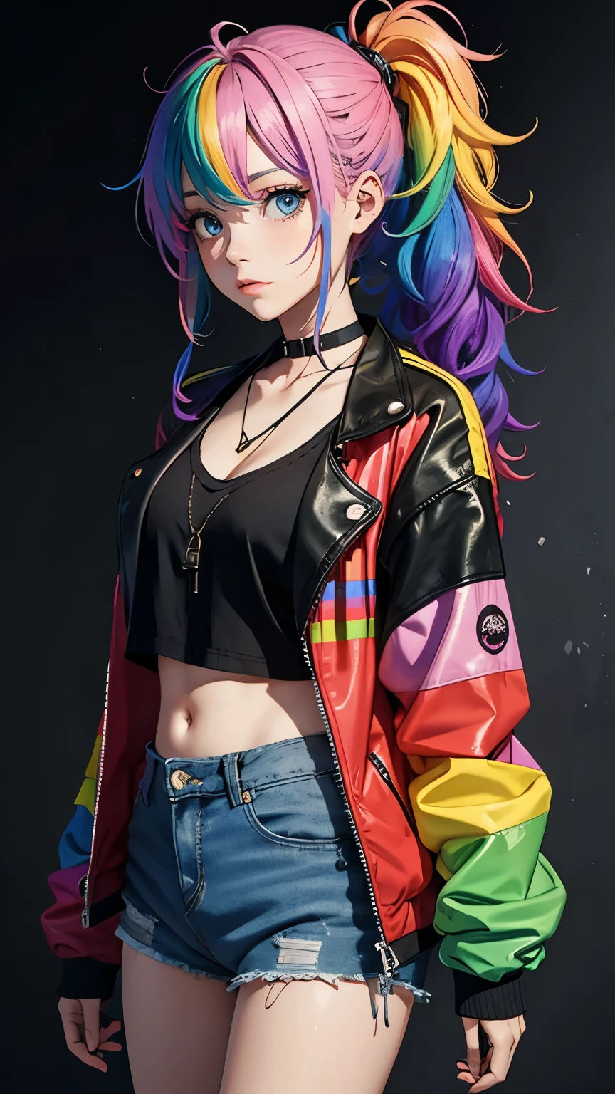 Tied up messy attractive girl, Rainbow Curly Hair, Rainbow Style Jacket, Cool bomb explosion background